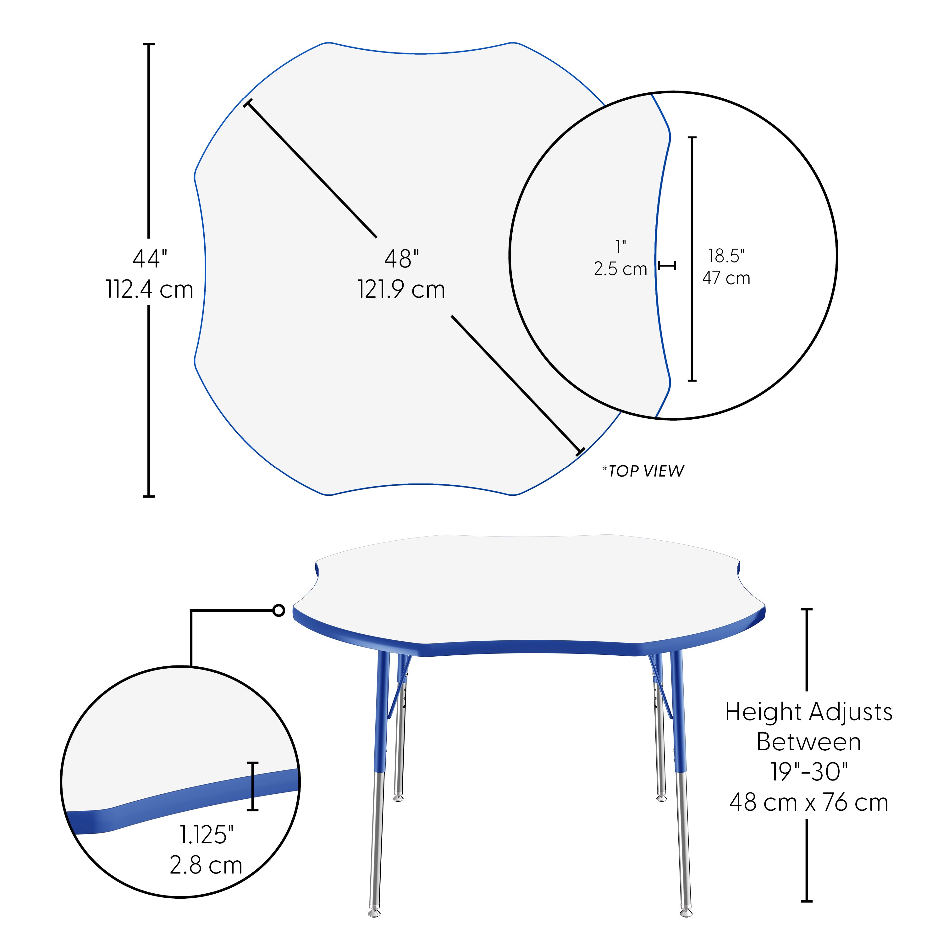 48" x 48" Clover Dry-Erase Activity Table with Adjustable Standard Swivel Glide Legs - Whiteboard/Blue