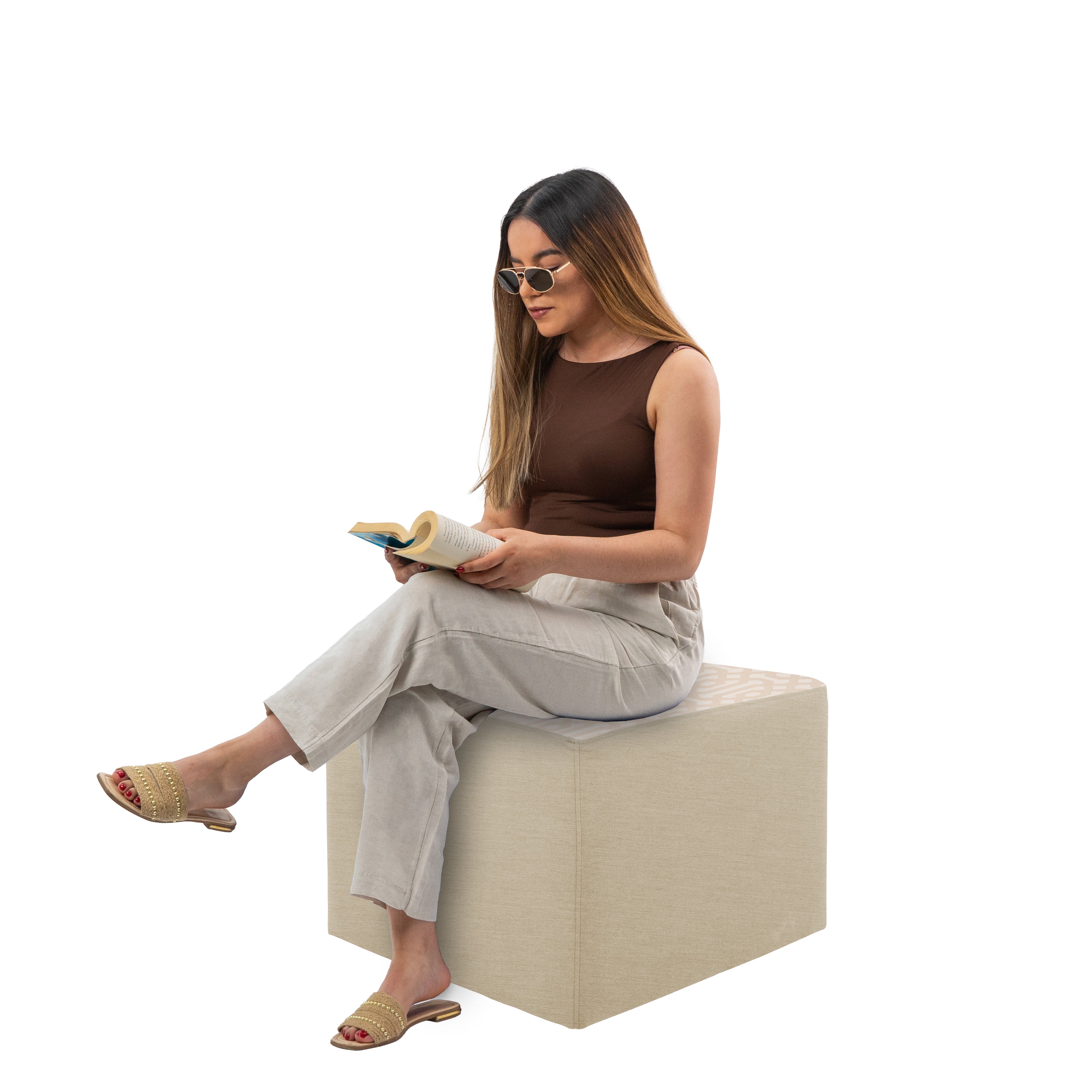 Outdoor 24" Square Ottoman with Sunbrella, 18" H - Fretwork Flax/Spectrum Sand