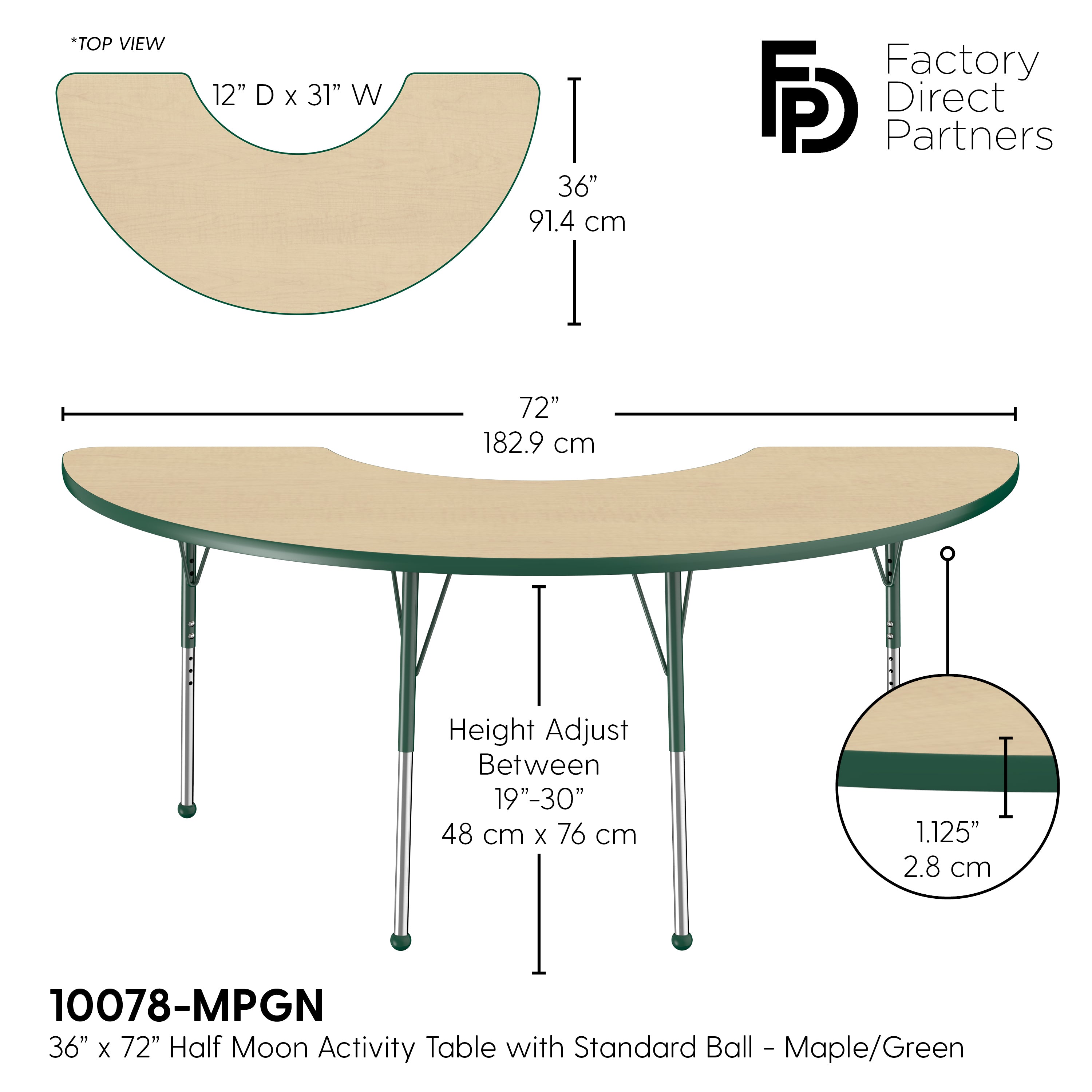 36" x 72" Half Moon T-Molding Activity Table with Adjustable Standard Ball Glide Legs - Maple/Green