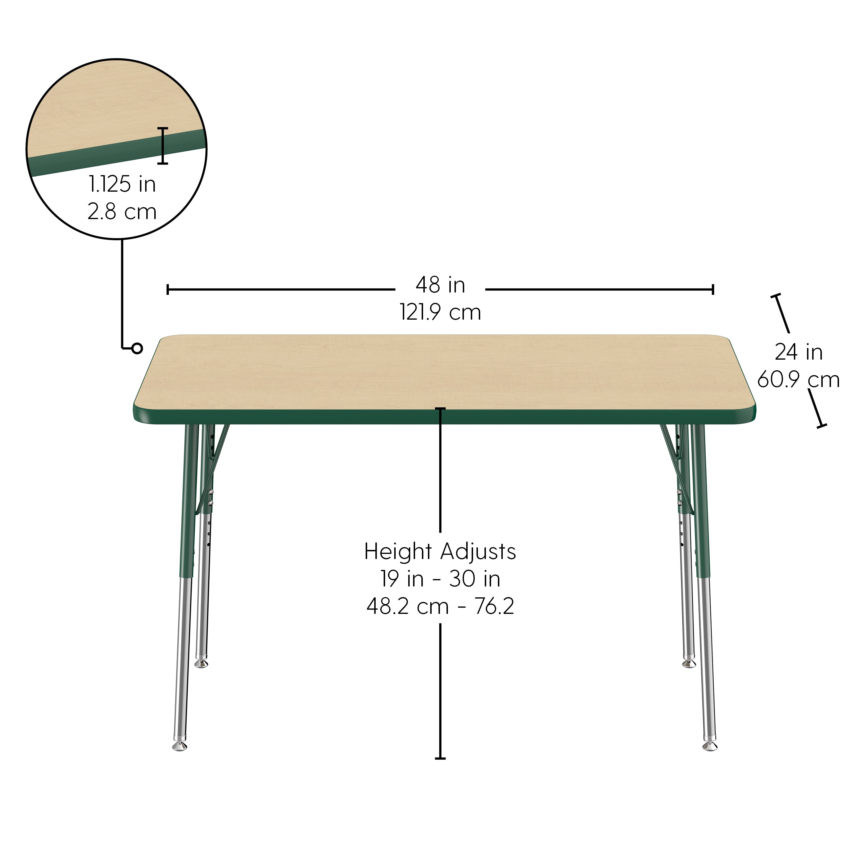 24" x 48" Rectangle T-Molding Activity Table with Adjustable Standard Swivel Glide Legs - Maple/Green