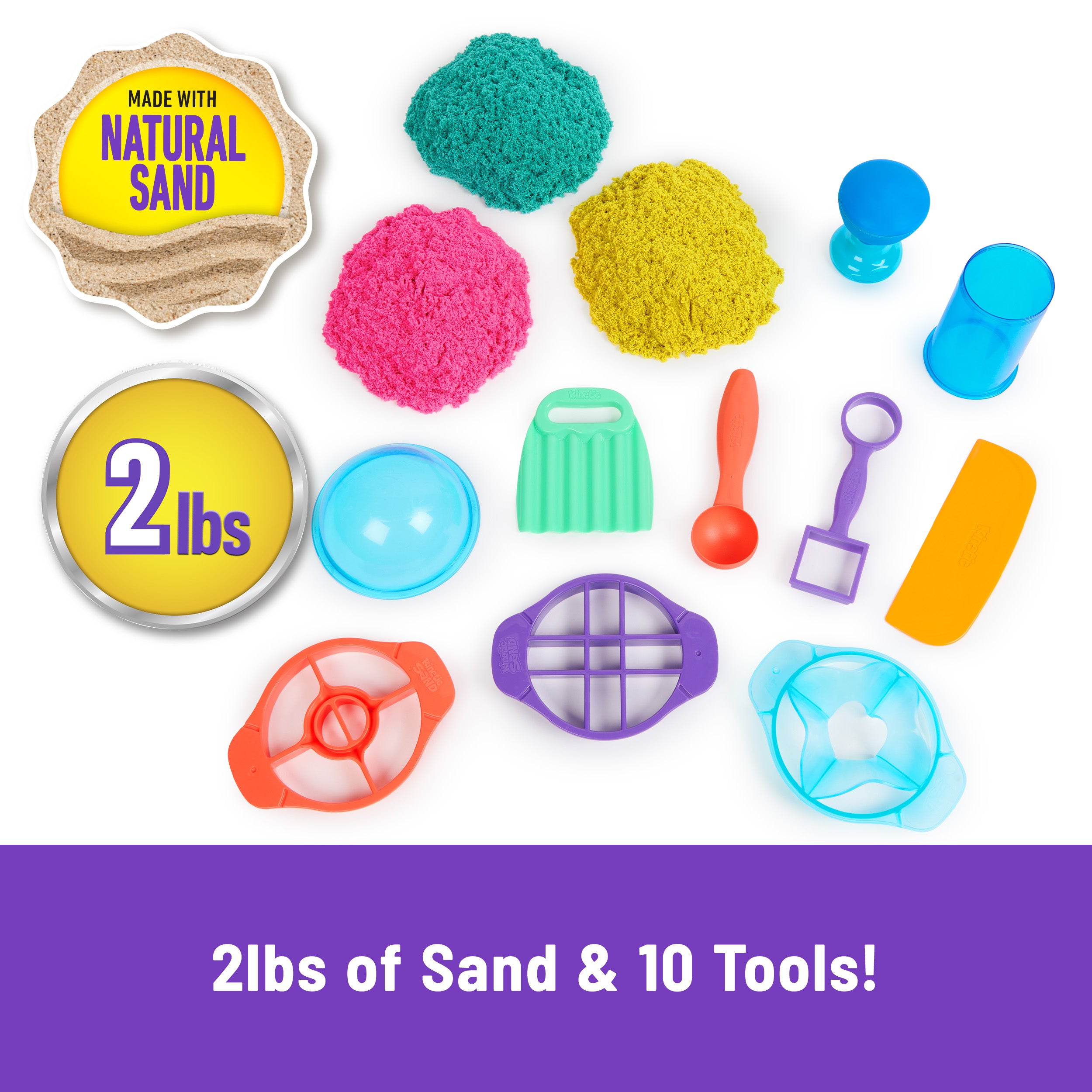 Kinetic Sand, Ultimate Sandisfying Set with 2lbs Play Sand Pink, Yellow & Teal, 10 Tools & Molds, Sensory Toys for Kids Ages 7 and up