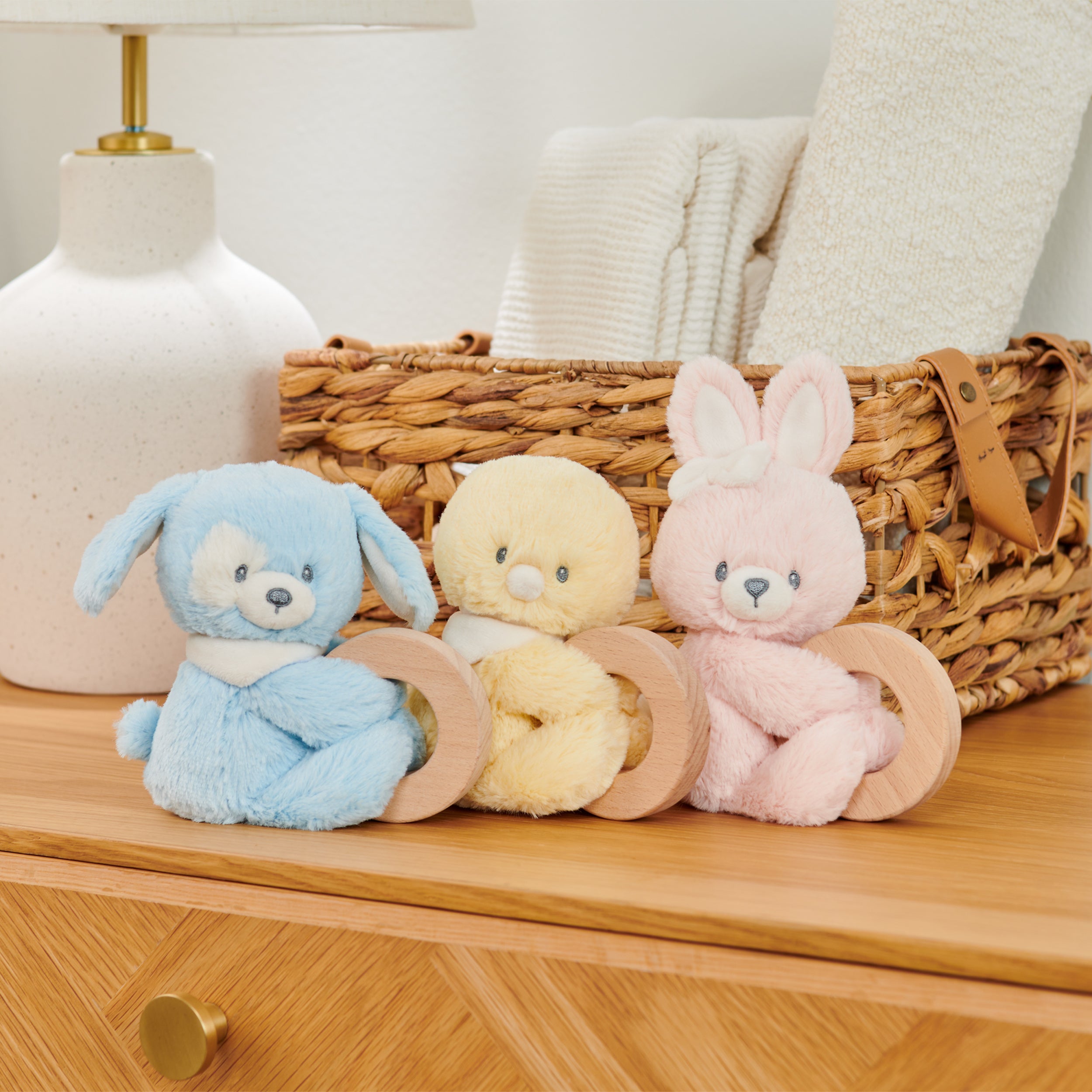 GUND Baby Sustainable Ring Rattle CDU, Stuffed Animals Made from 100% Recycled Plush Materials, Wooden Rattles for Babies and Newborns, Assorted Colors, 5”
