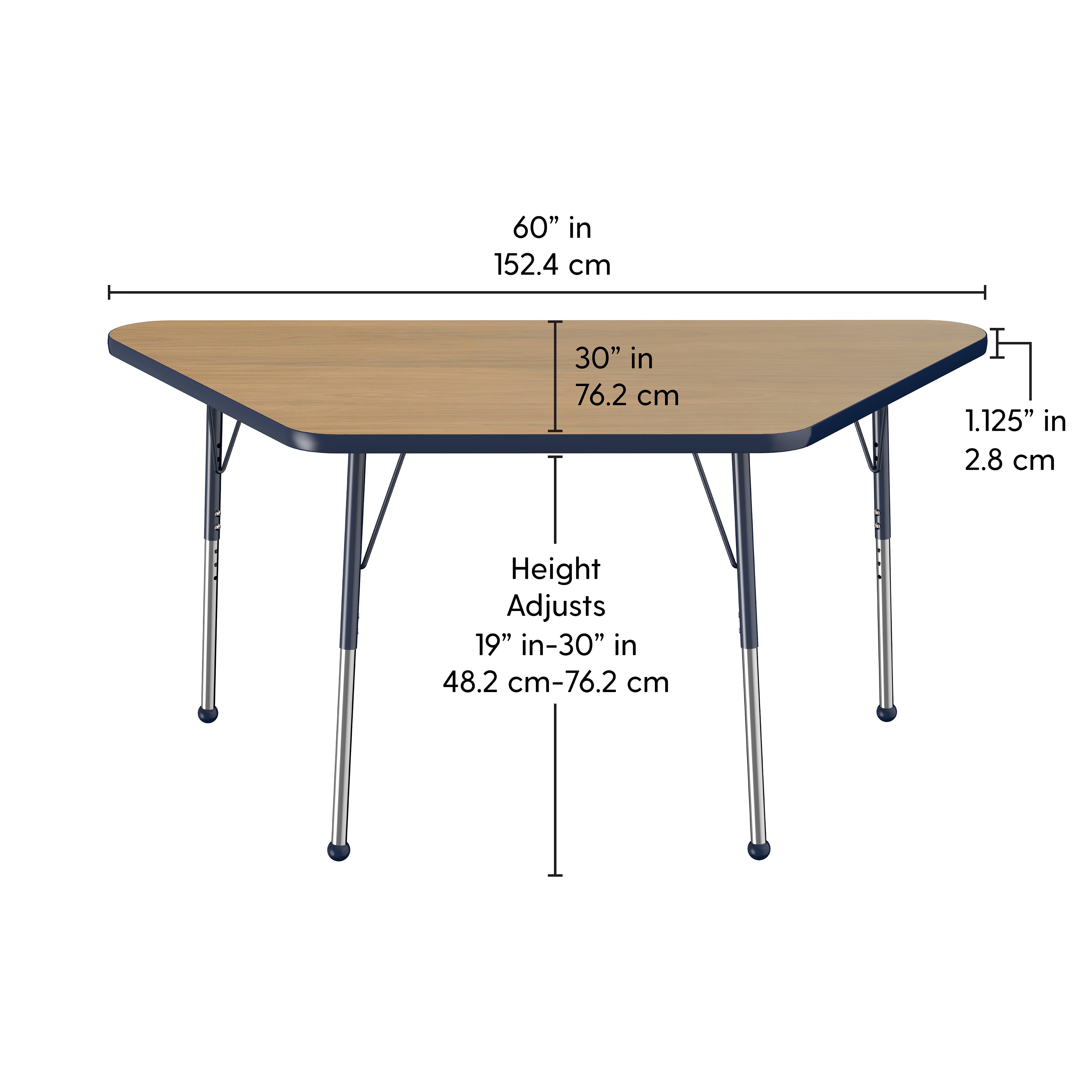 30" x 60" Trapezoid T-Molding Activity Table with Adjustable Standard Ball Glide Legs - Pasadena Oak/Navy