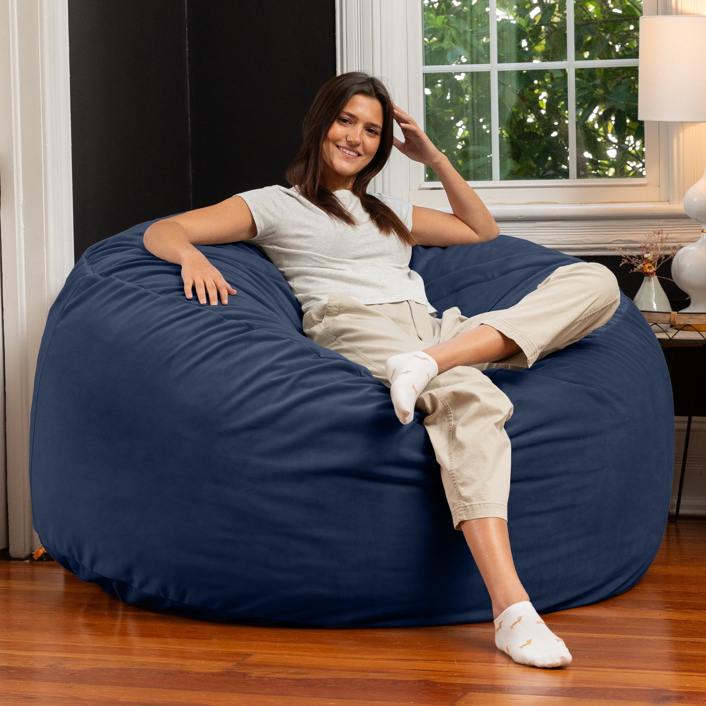 Jaxx 5 Foot Saxx - Large Round Bean Bag Chair for Adults - Lush Velvet Navy Blue