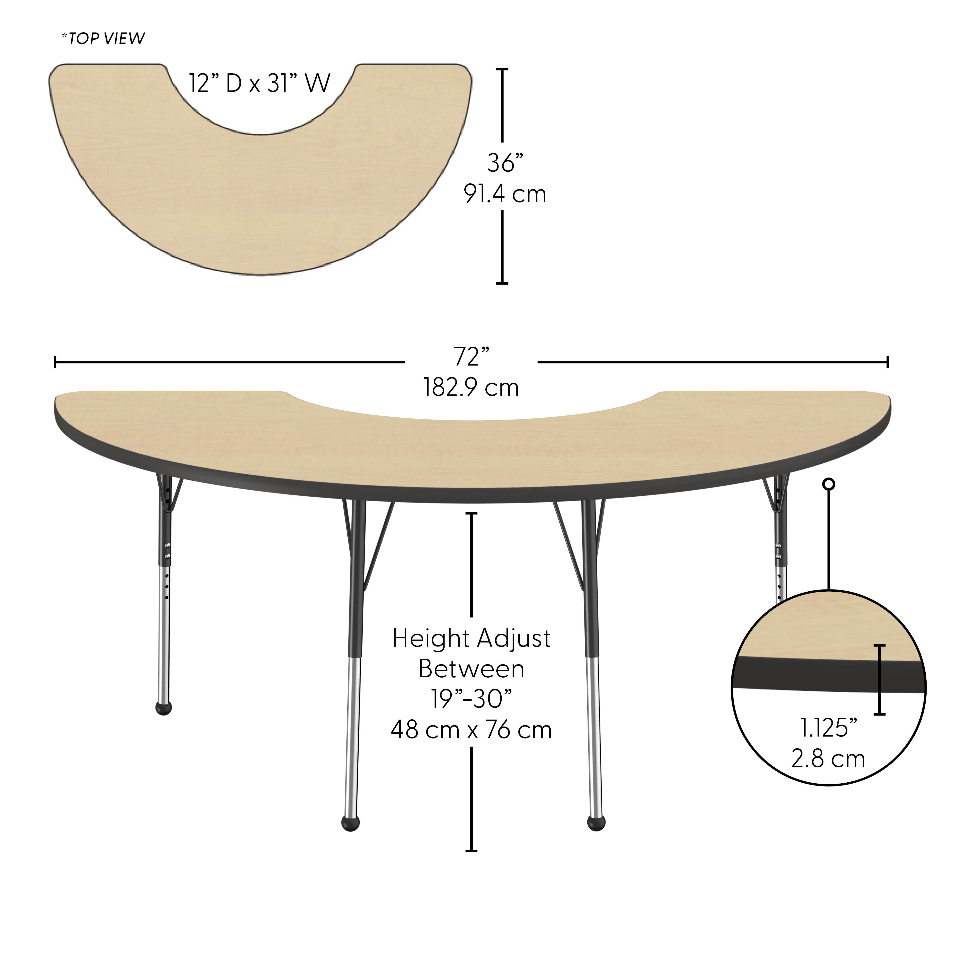 36" x 72" Half Moon Thermofused Activity Table with Adjustable Standard Ball Glide Legs - Maple/Black