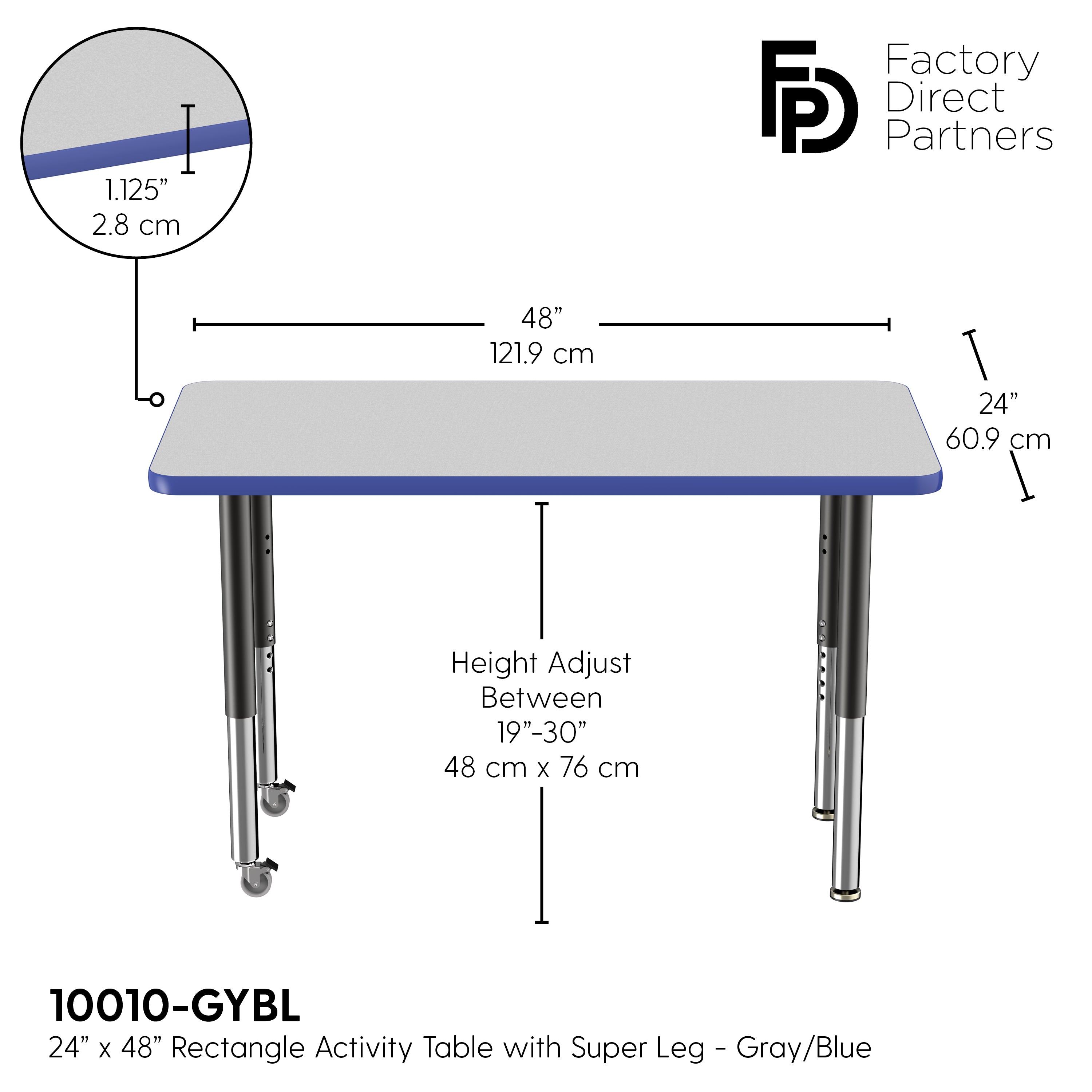 24" x 48" Rectangle T-Molding Activity Table with Adjustable Super Legs - Gray/Blue/Black