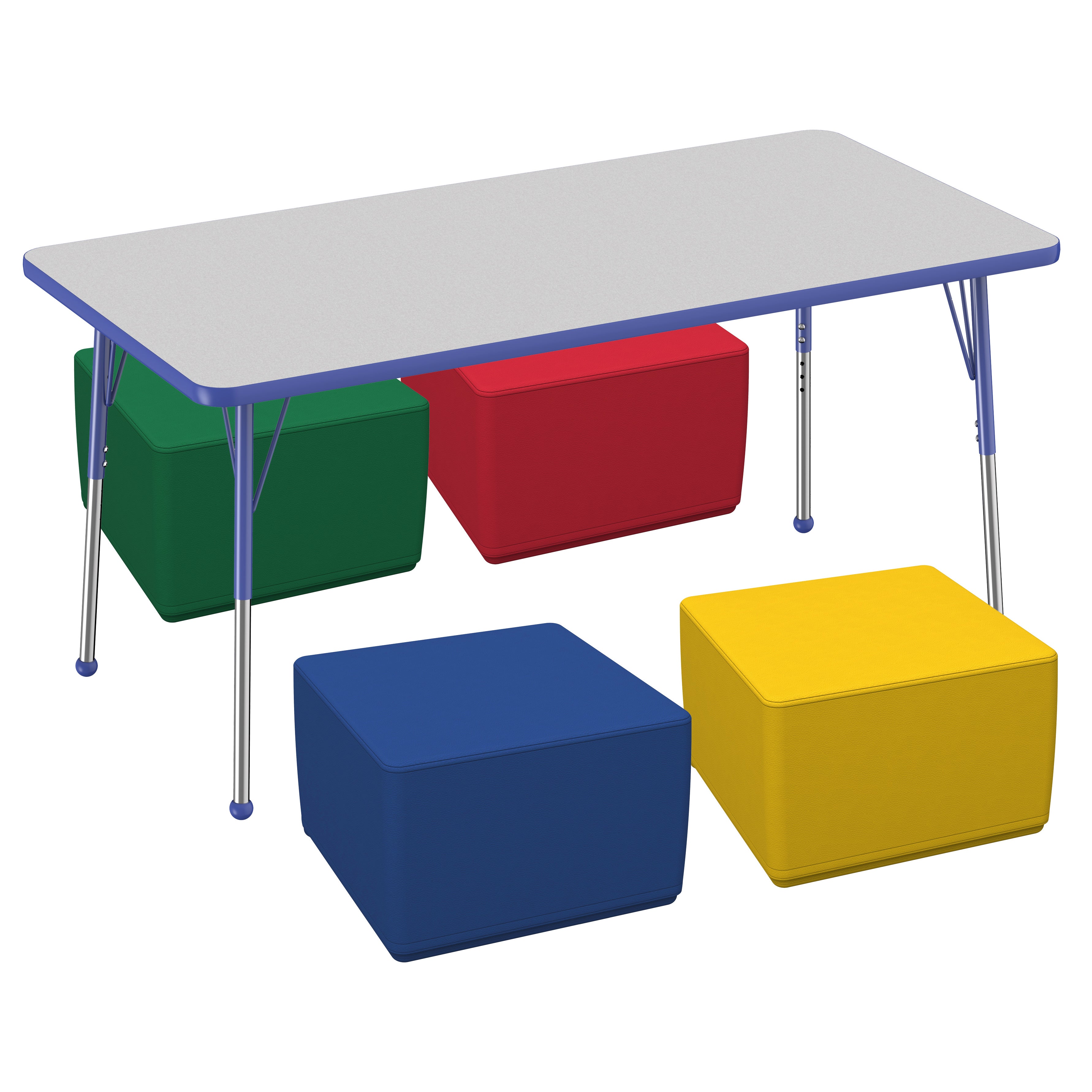 30" x 60" Rectangle T-Molding Activity Table with Standard Ball Legs and Square Ottomans 12" Height, 5-Piece Set - Gray/Blue/Assorted