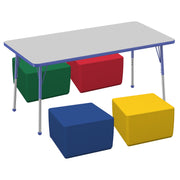 30" x 60" Rectangle T-Molding Activity Table with Standard Ball Legs and Square Ottomans 12" Height, 5-Piece Set - Gray/Blue/Assorted