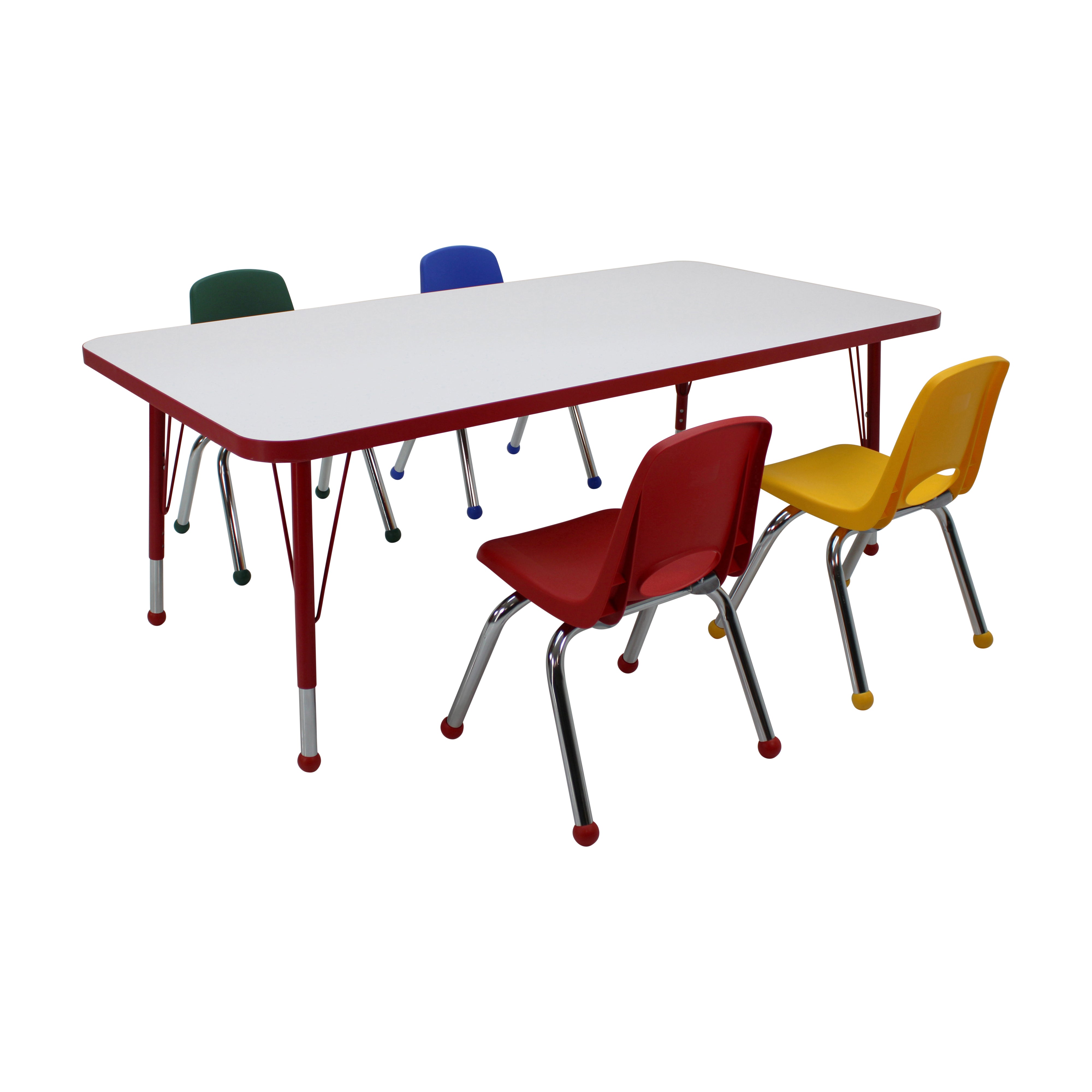 30" x 60" Rectangle Dry-Erase Activity Table with Standard Legs and 12" Stack Chairs with Ball Glides, 5-Piece Set - Whiteboard/Red/Assorted