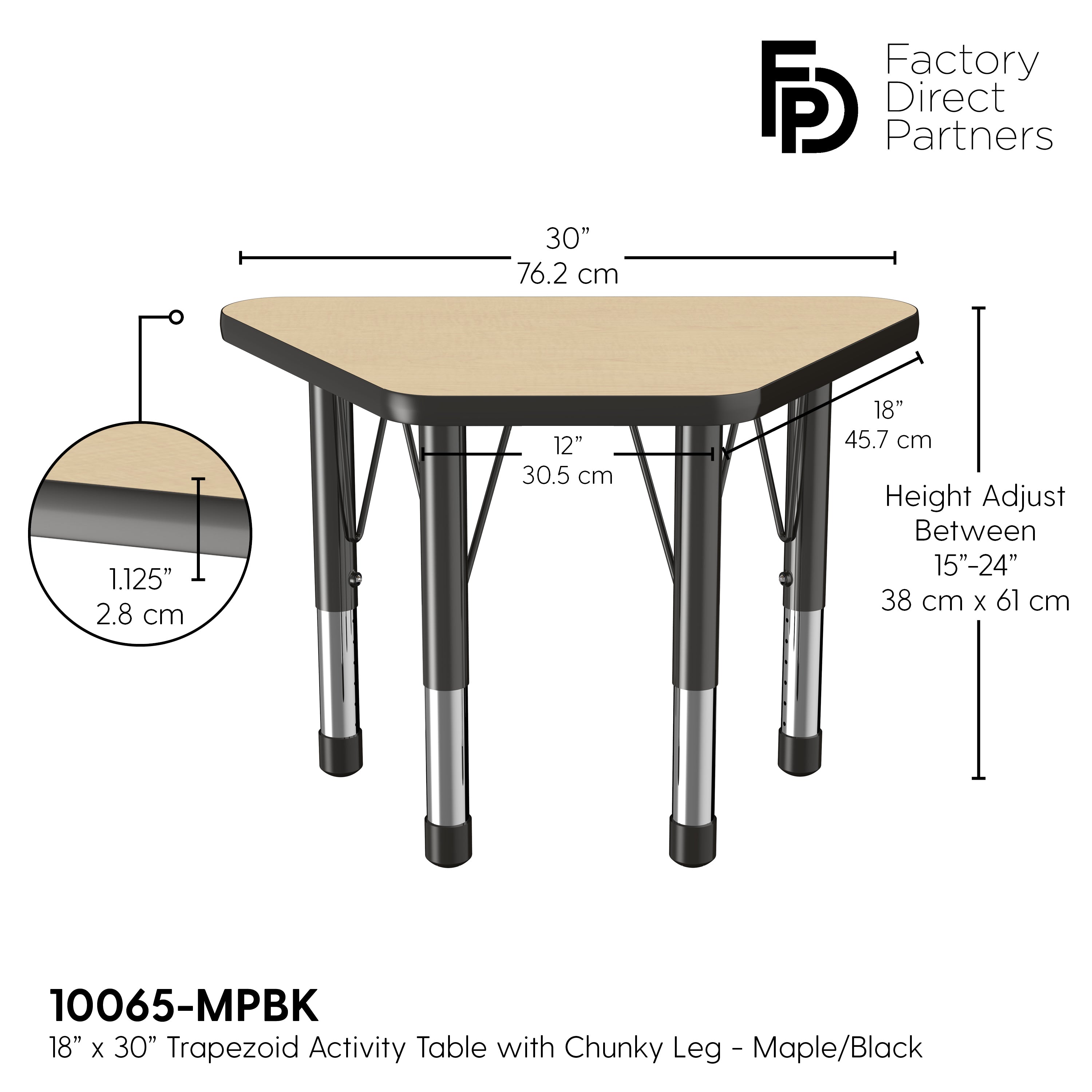 18" x 30" Trapezoid T-Molding Activity Table with Adjustable Chunky Legs - Maple/Black