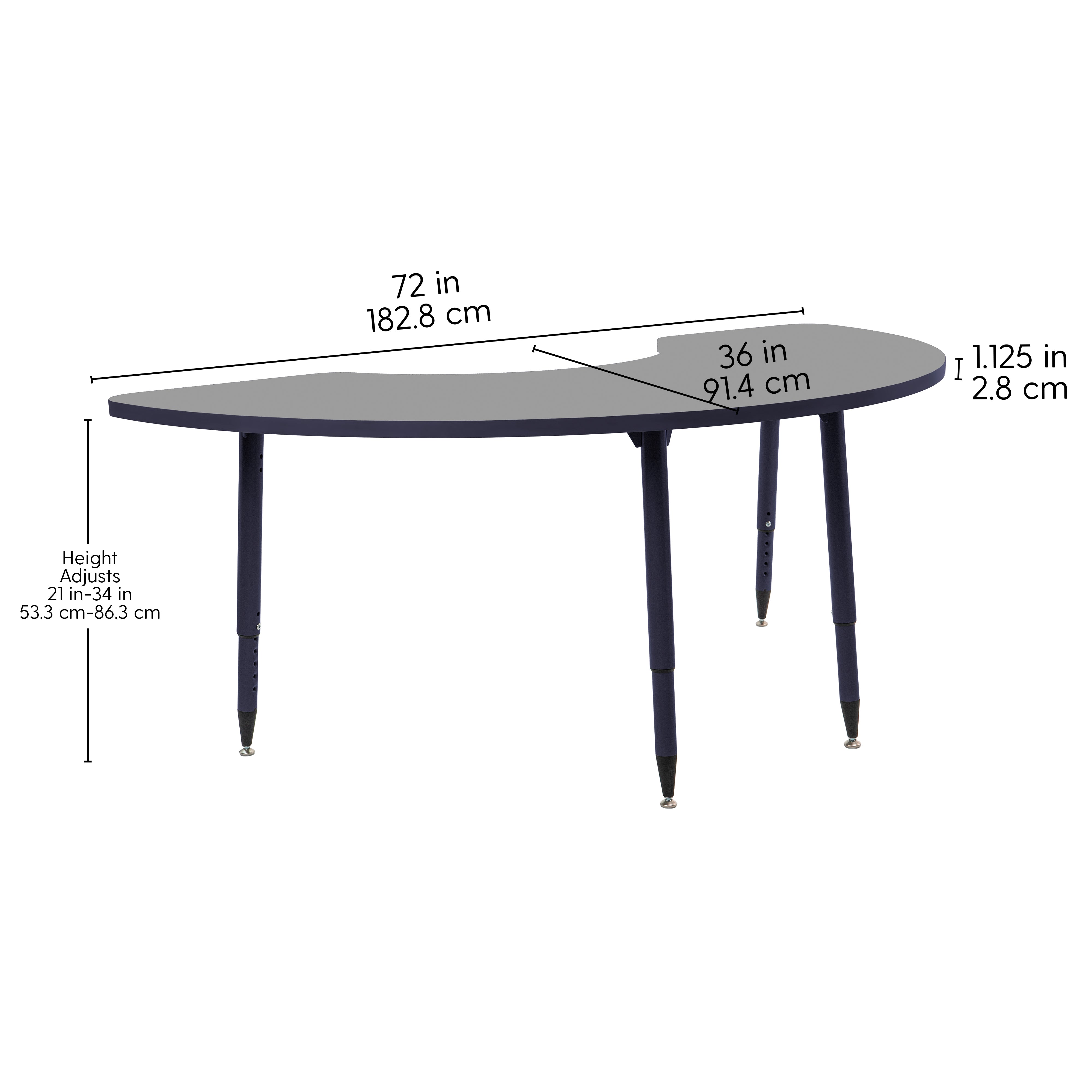 Adapte 36" x 72" Half Moon Thermofused Activity Table with Adjustable Tapered Legs - North Sea/Navy