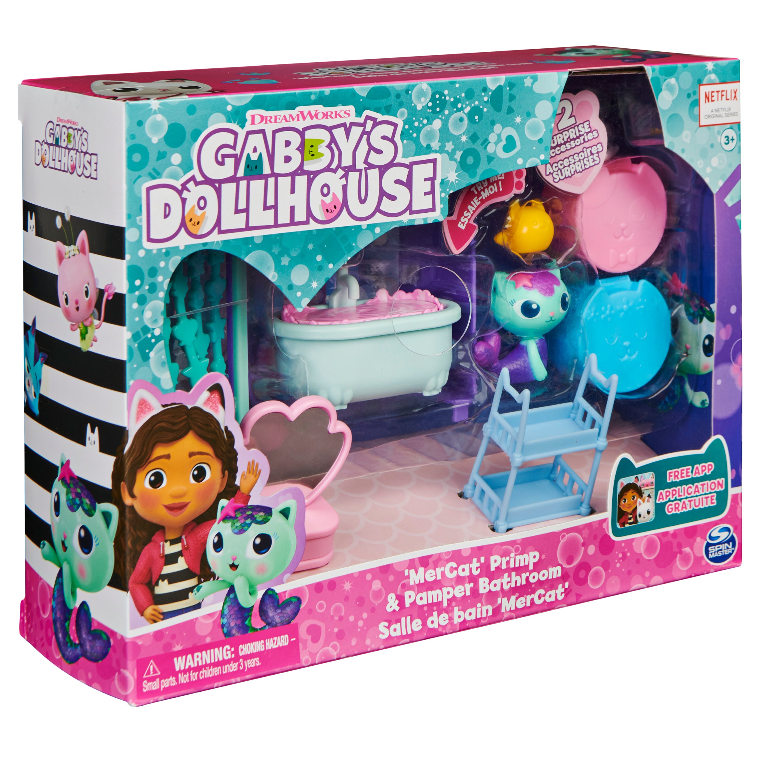 Gabby’s Dollhouse, Primp and Pamper Bathroom with MerCat Figure, 3 Accessories, 3 Furniture and 2 Deliveries, Kids Toys for Ages 3 and up