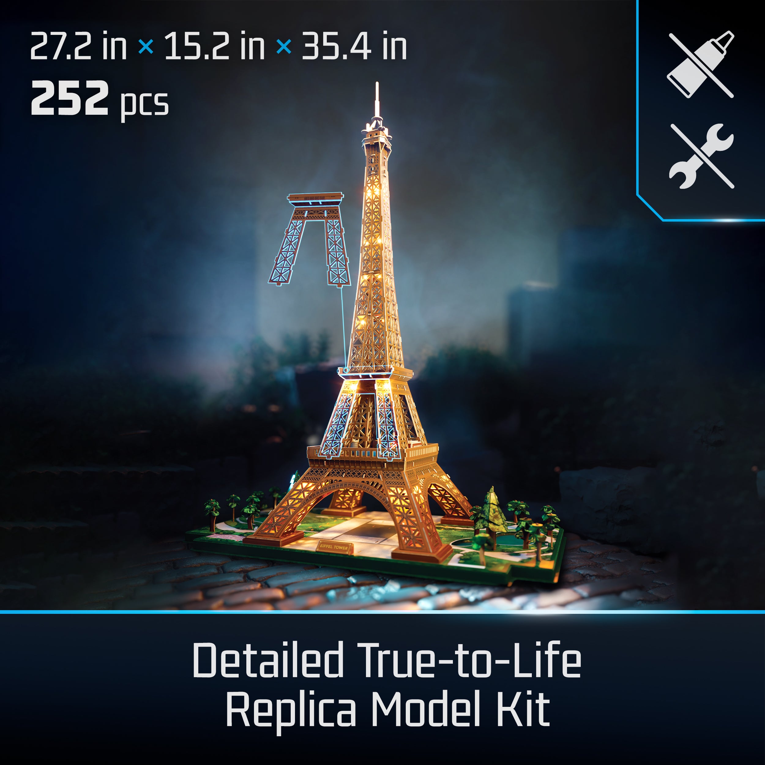 4D Build, Architect Series Eiffel Tower 3D Model Kit with LED Lights, Desk Décor, Adult Puzzles, Building Toys, 3D Puzzles for Adults & Teens, 252 Pieces, for Ages 12 & Up