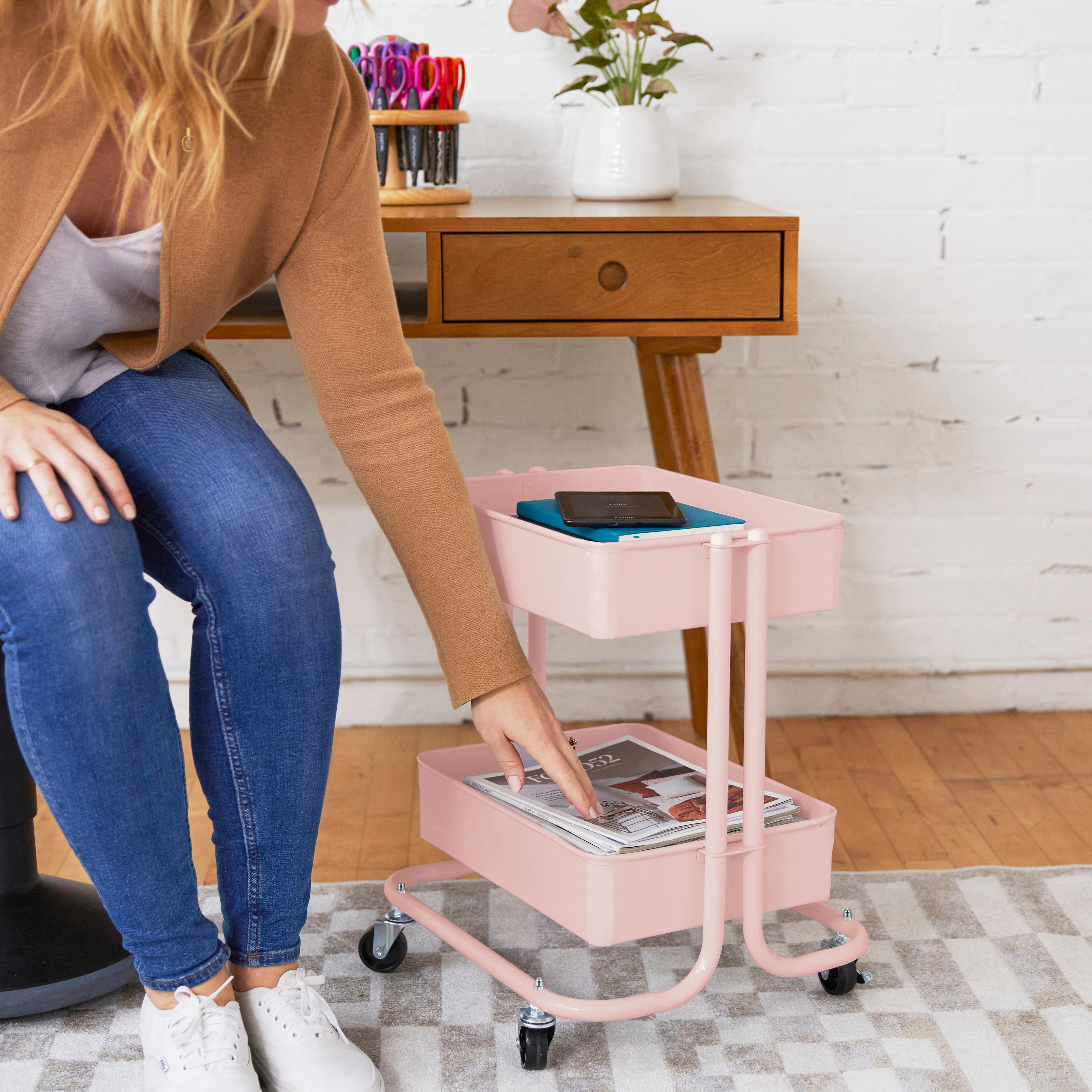 2-Tier Metal Rolling Utility Cart - Pink
