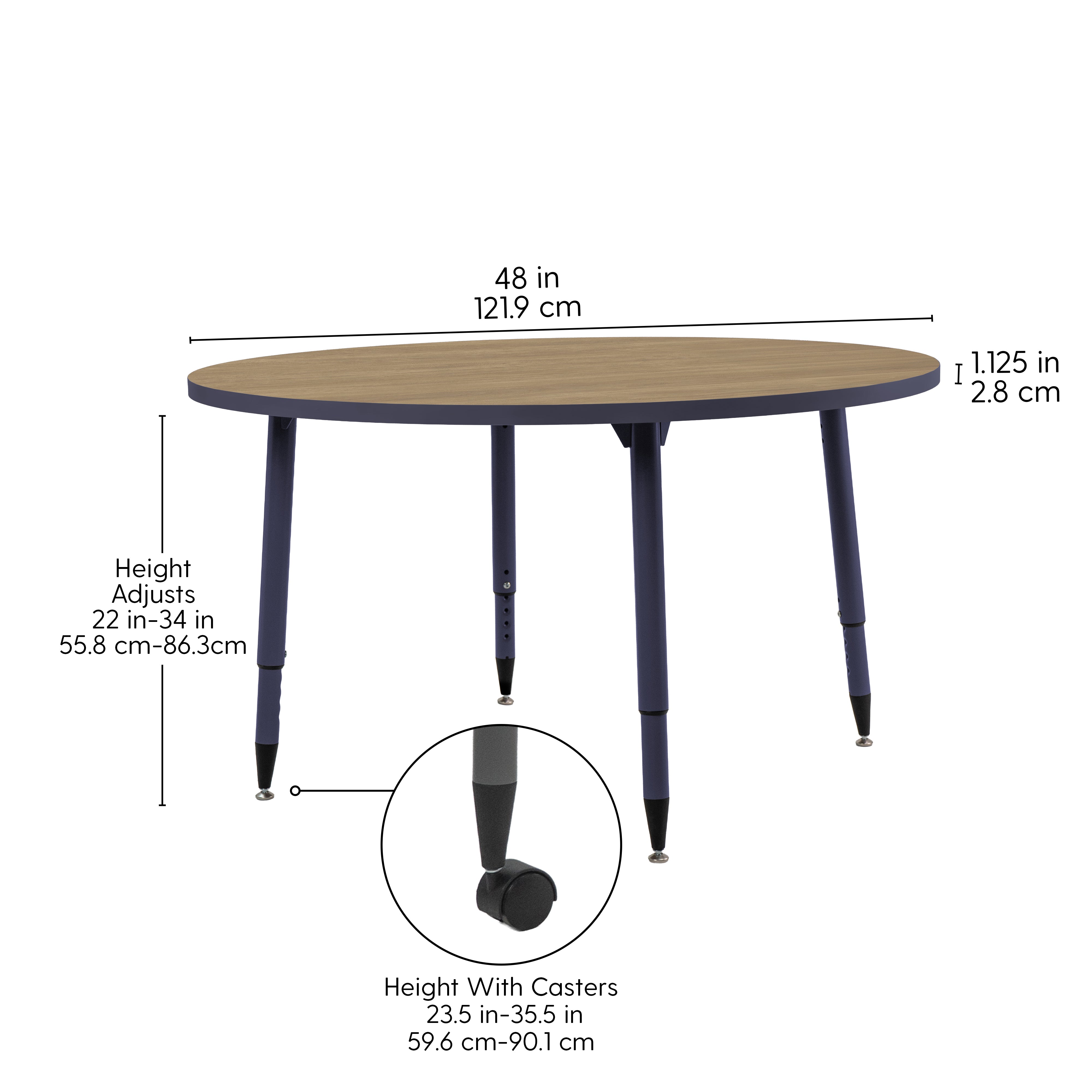 Adapte 48" Round Thermofused Activity Table with Adjustable Tapered Legs - Pasadena Oak/Navy