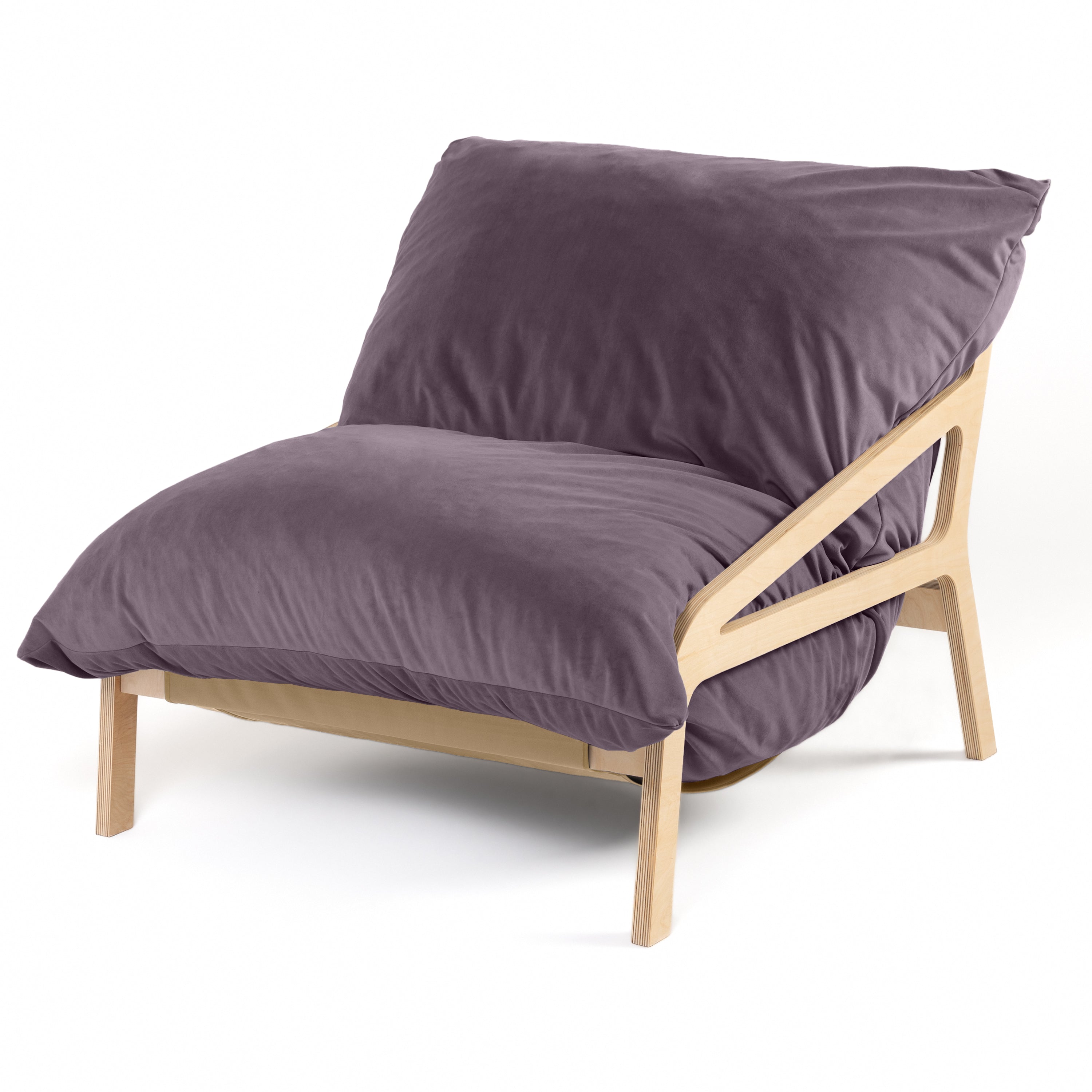 Pillow Saxx Dream Lounger with Wood Frame - 3-in-1 Bean Bag Accent Chair, Recliner & Sleeper, Lush Velvet Purple