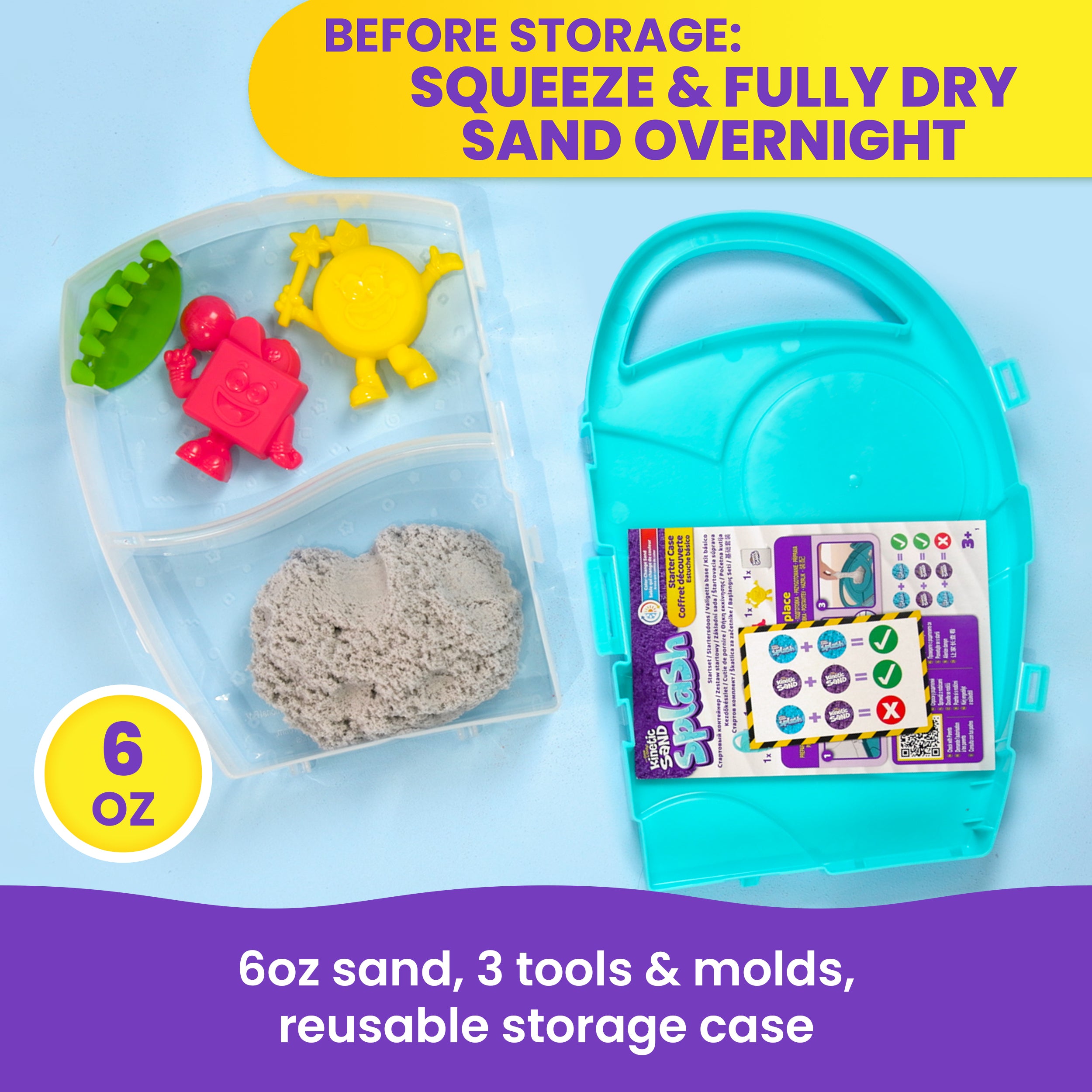 Kinetic Sand, Splash Starter Case with 6oz Color-Change Play Sand, 3 Tools & Molds, Reusable Storage, Sensory Toys for Kids Ages 3 and up