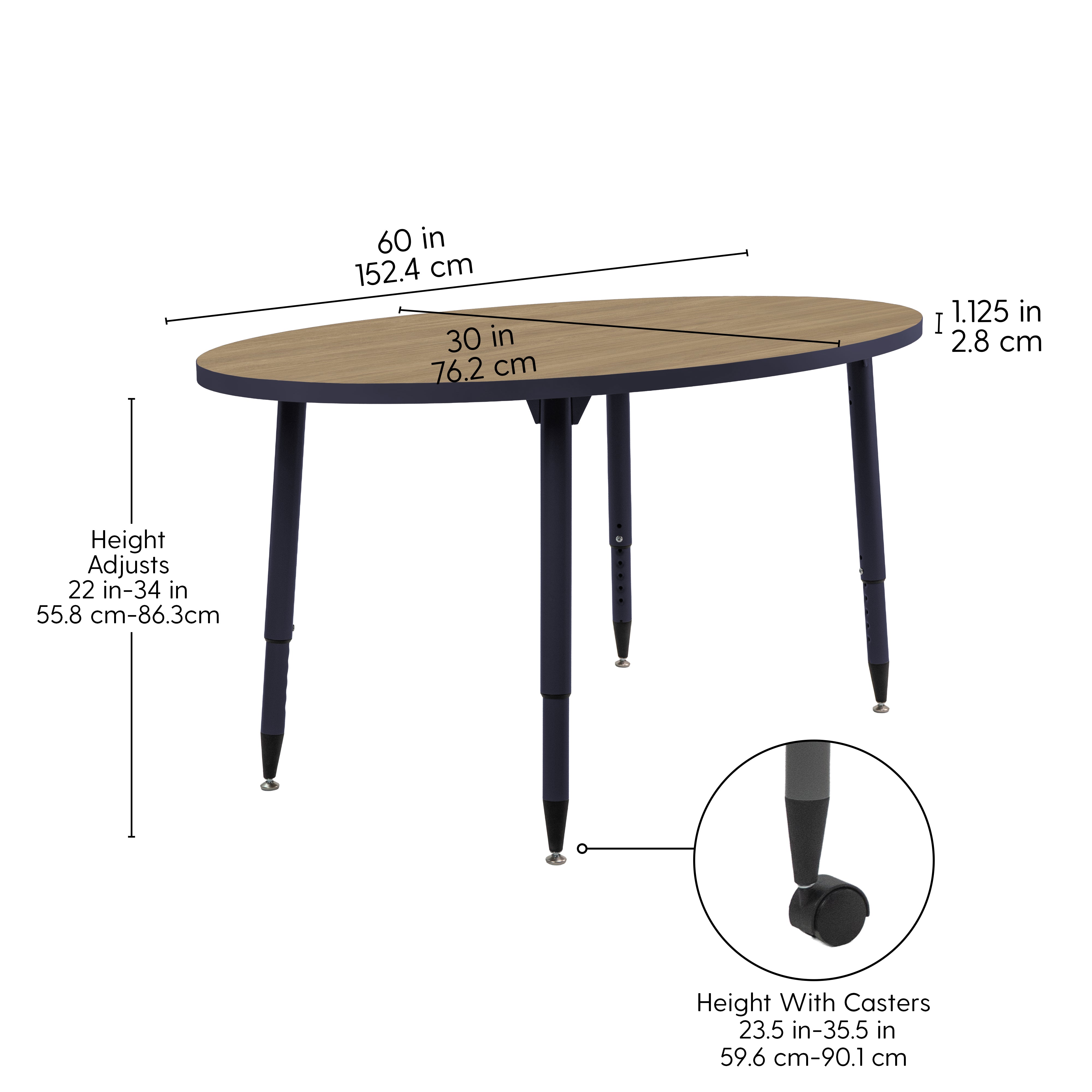 Adapte 30" x 60" Oval Thermofused Activity Table with Adjustable Tapered Legs - Pasadena Oak/Navy