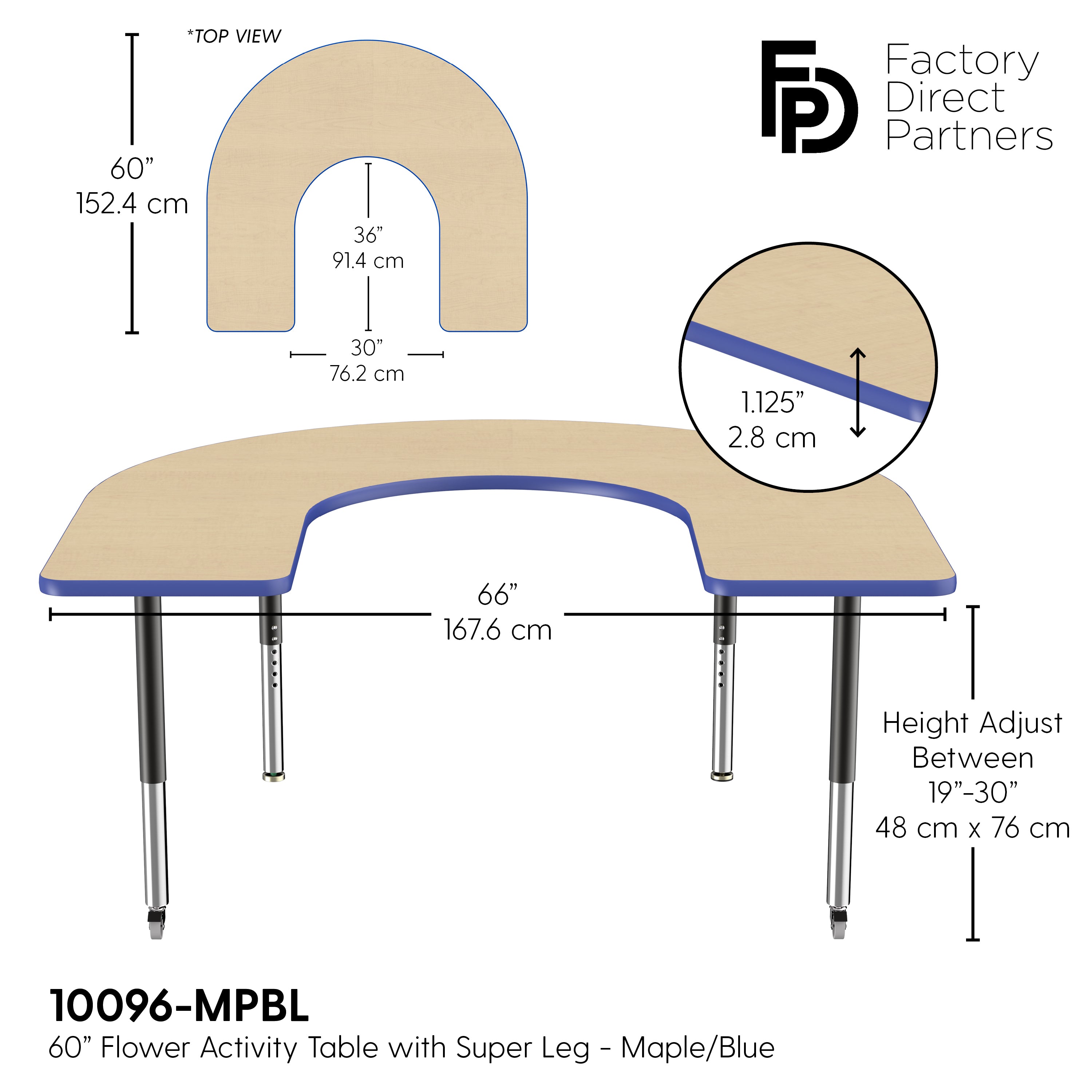 60" x 66" Horseshoe T-Molding Activity Table with Adjustable Super Legs - Maple/Blue/Black