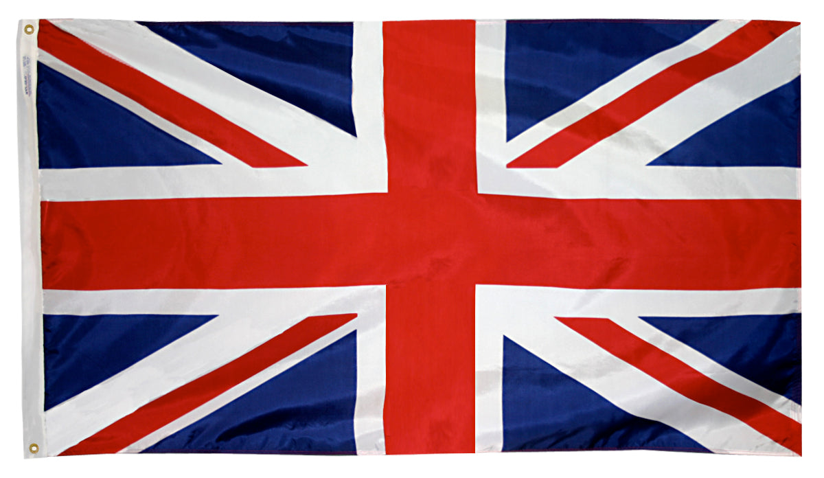 United Kingdom Flag 5x8 ft. Nylon SolarGuard Nyl-Glo 100% Made in USA to Official United Nations Design Specifications.