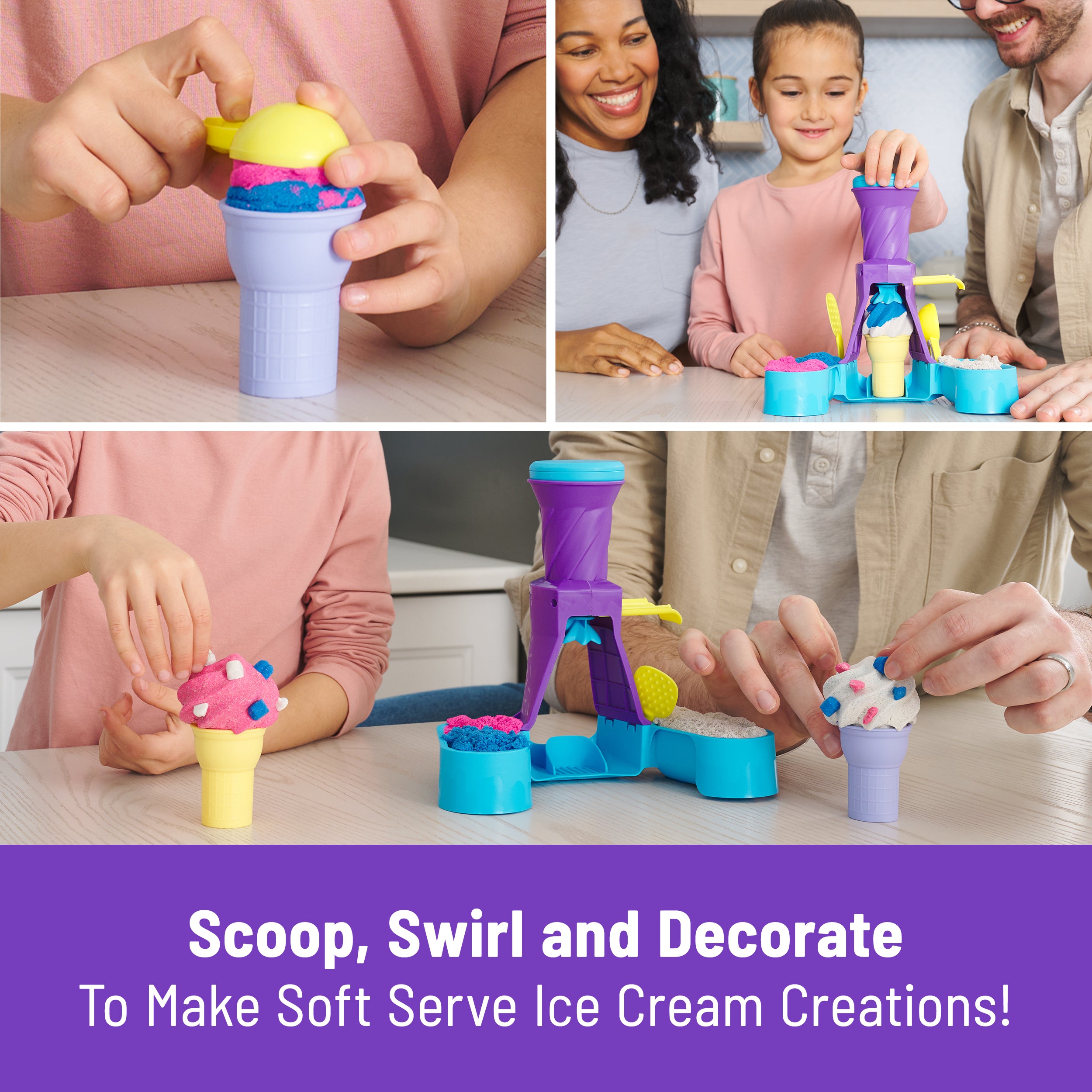 Kinetic Sand, Soft Serve Station with 14oz Play Sand Blue, Pink & White, 2 Ice Cream Cones & 2 Tools, Sensory Toys for Kids Ages 5 and up