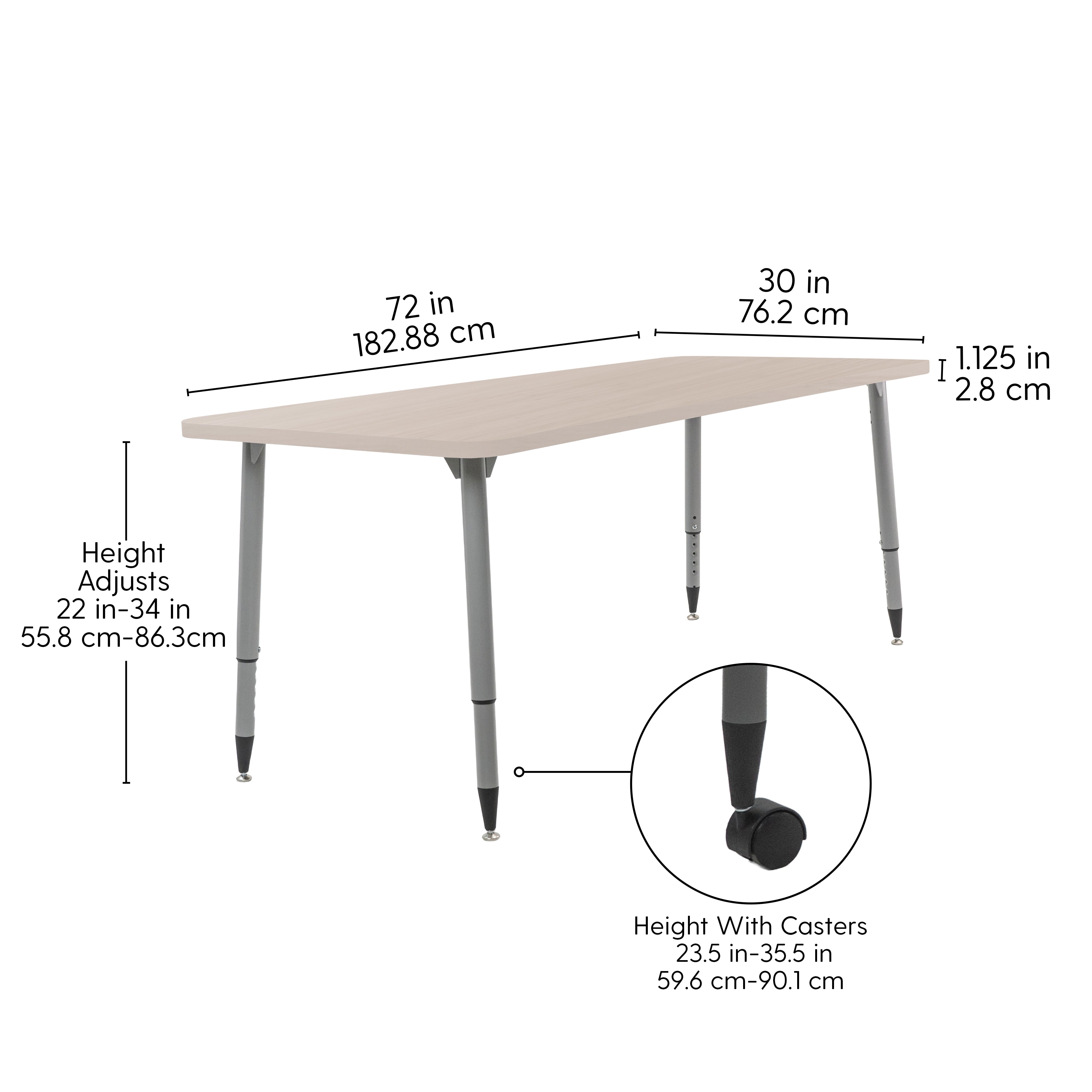 Adapte 30" x 72" Rectangle Woodgrain Activity Table with Adjustable Tapered Legs - Asian Sand/Silver