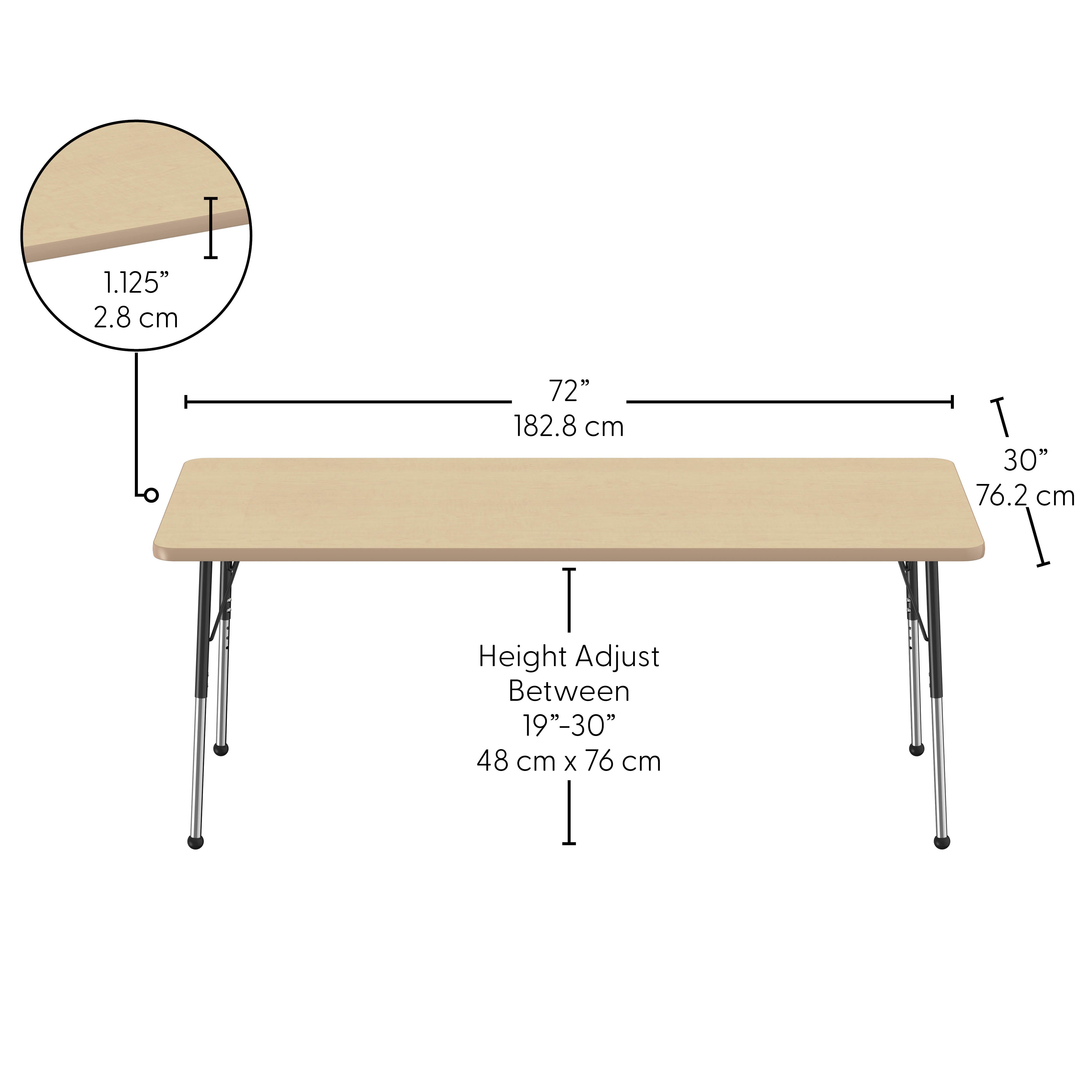 30" x 72" Rectangle Thermofused Activity Table with Adjustable Standard Ball Glide Legs - Maple/Maple/Black