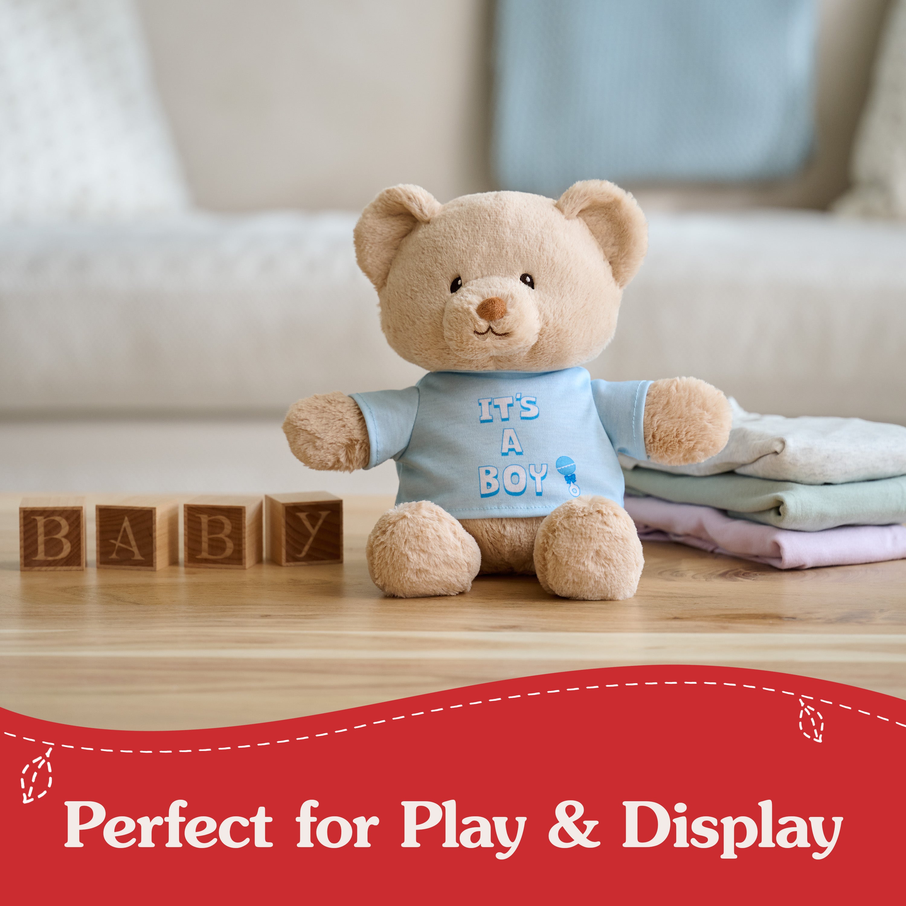 GUND “It's a Boy” Sustainable Message Bear with Blue T-Shirt, Teddy Bear Made from 100% Recycled Materials for Ages 1 and Up, Tan, 12”