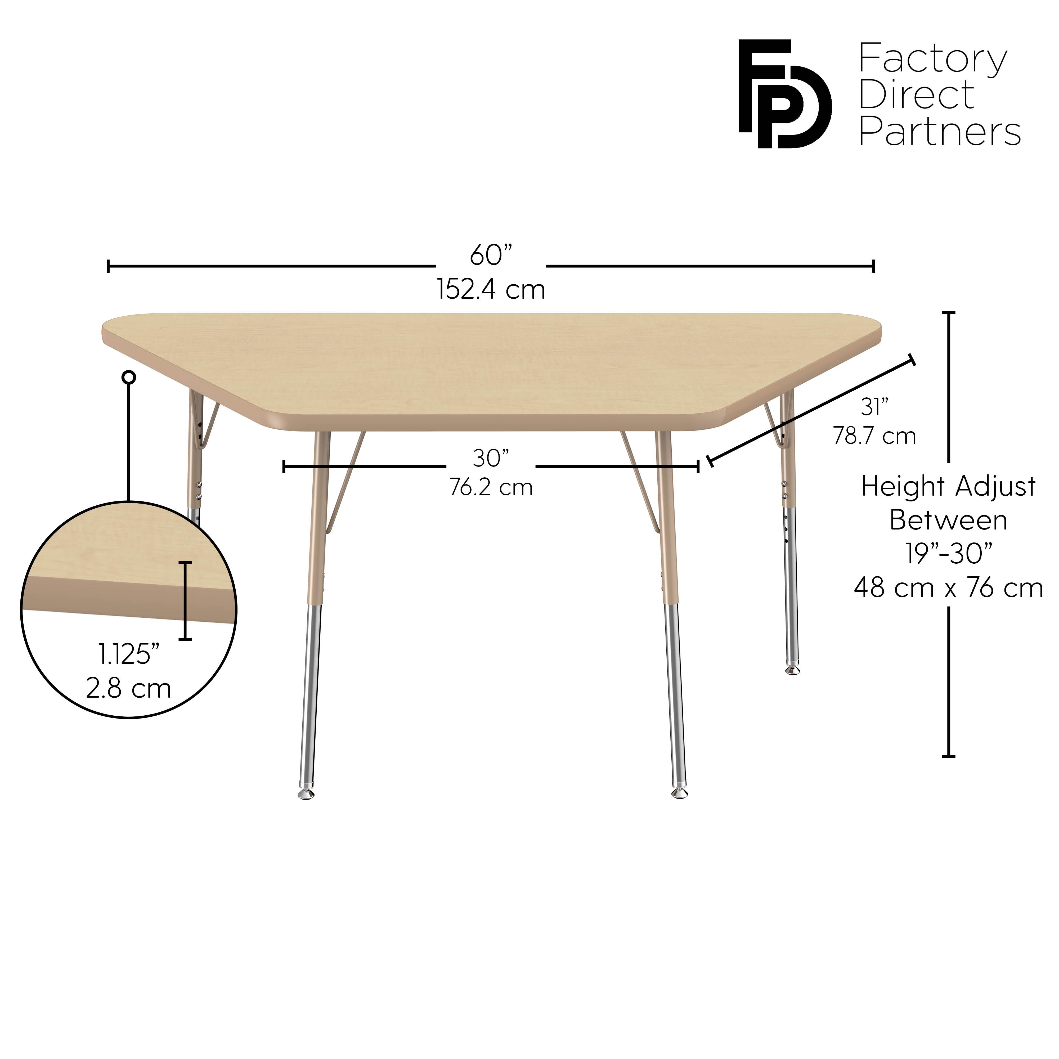 30" x 60" Trapezoid T-Molding Activity Table with Adjustable Standard Swivel Glide Legs - Maple/Sand