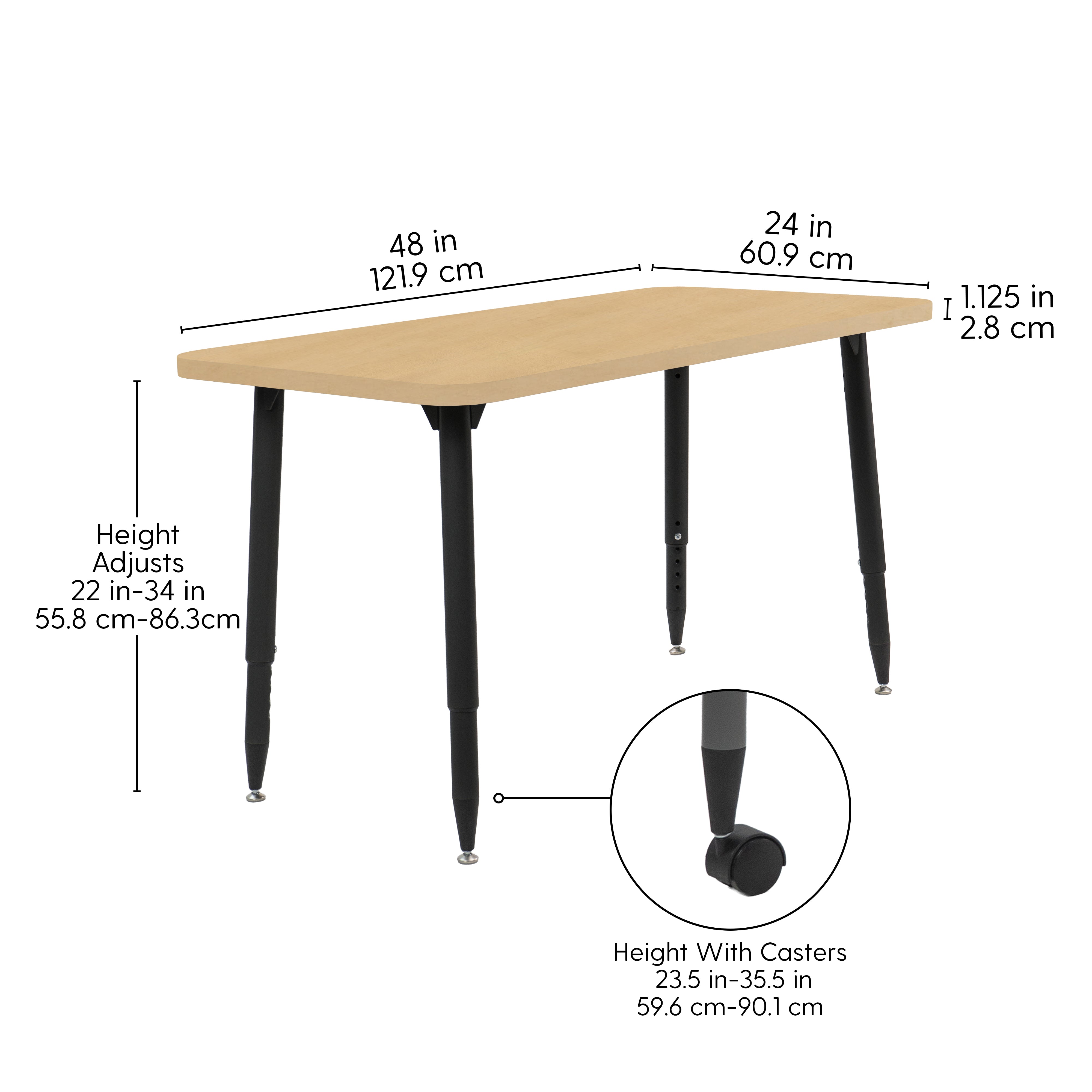 Adapte 24" x 48" Rectangle Woodgrain Activity Table with Adjustable Tapered Legs - Maple Grain/Black
