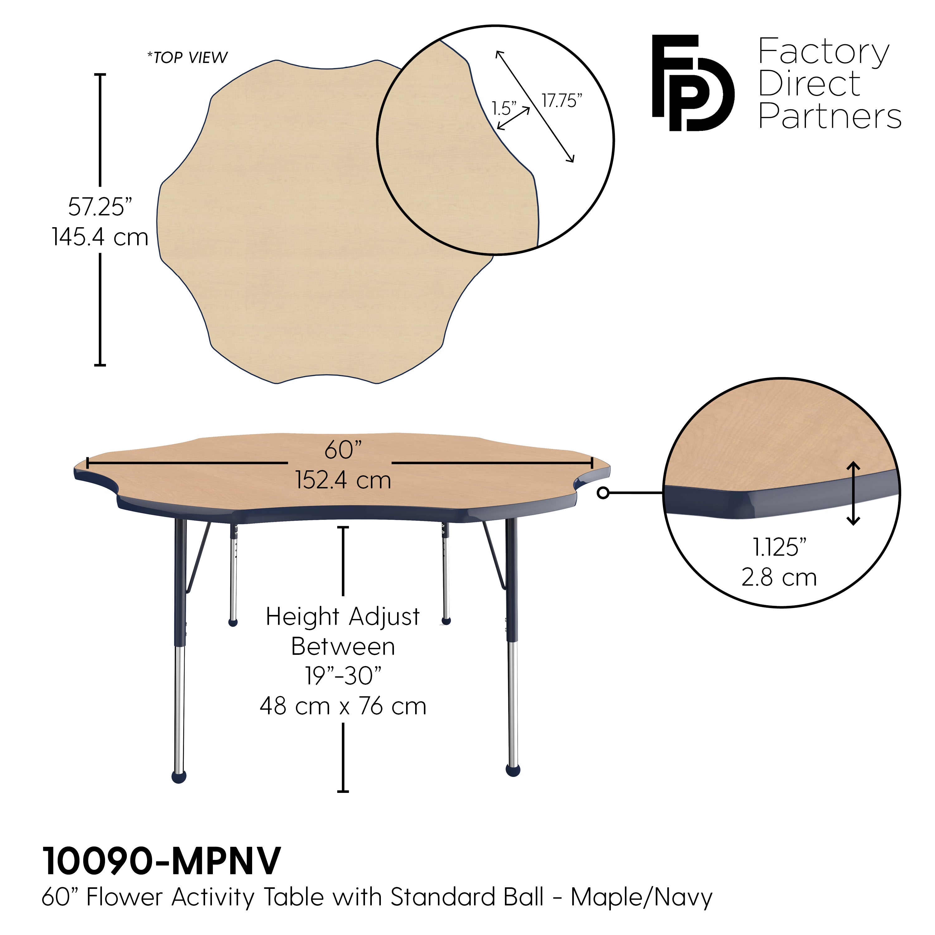 60" x 60" Flower T-Molding Activity Table with Adjustable Standard Ball Glide Legs - Maple/Navy