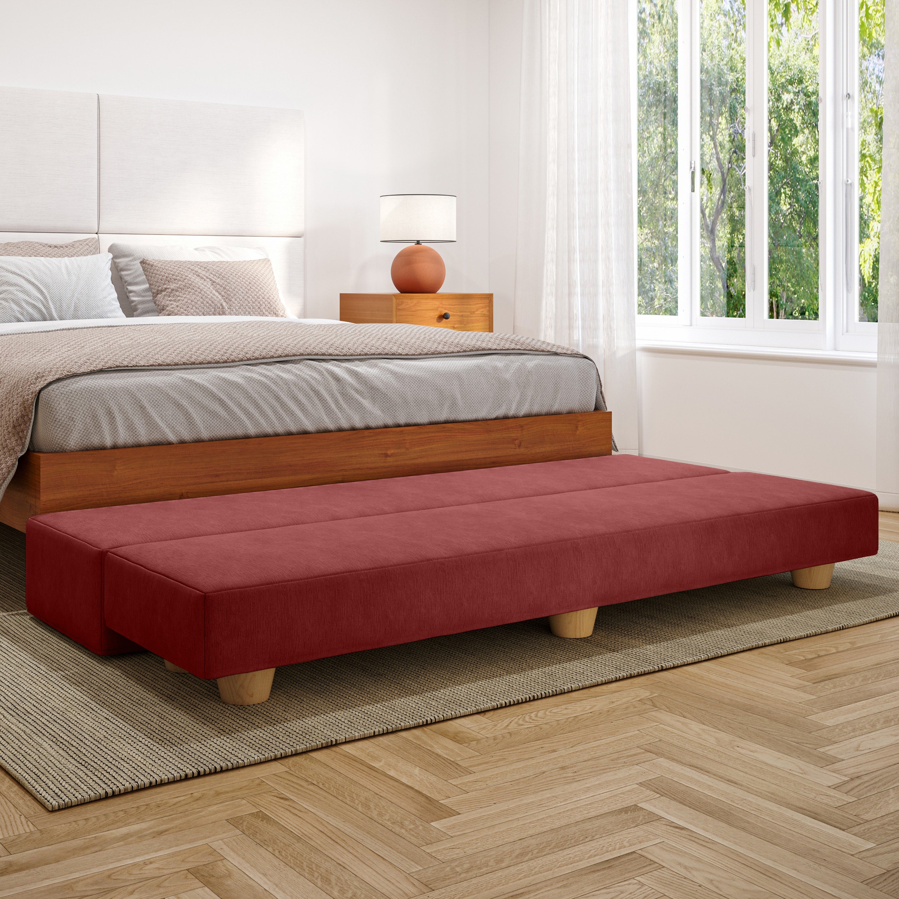 Jaxx Camden Convertible Bed Bench / Fold-Out Twin Guest Bed, Berry