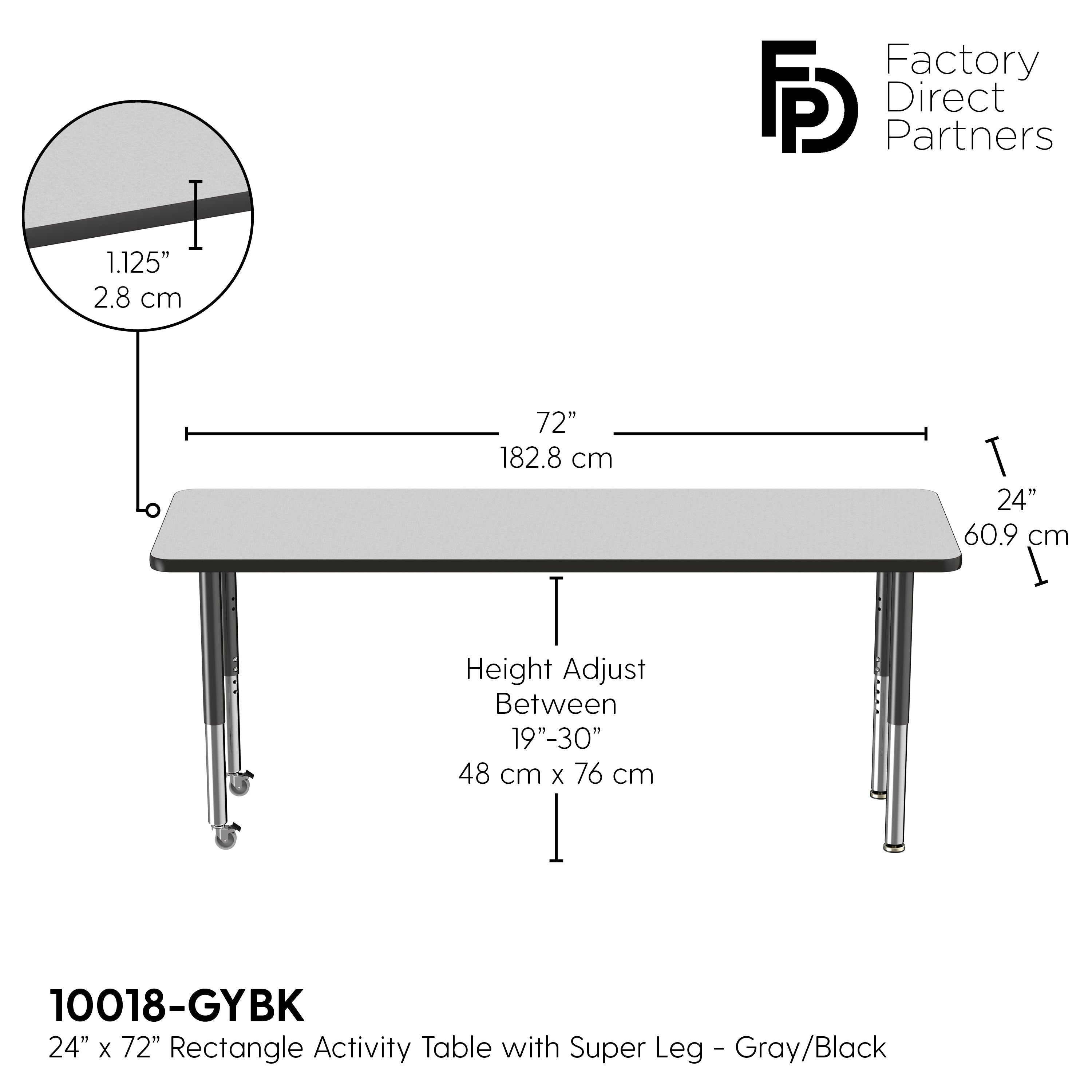 24" x 72" Rectangle T-Molding Activity Table with Adjustable Super Legs - Gray/Black