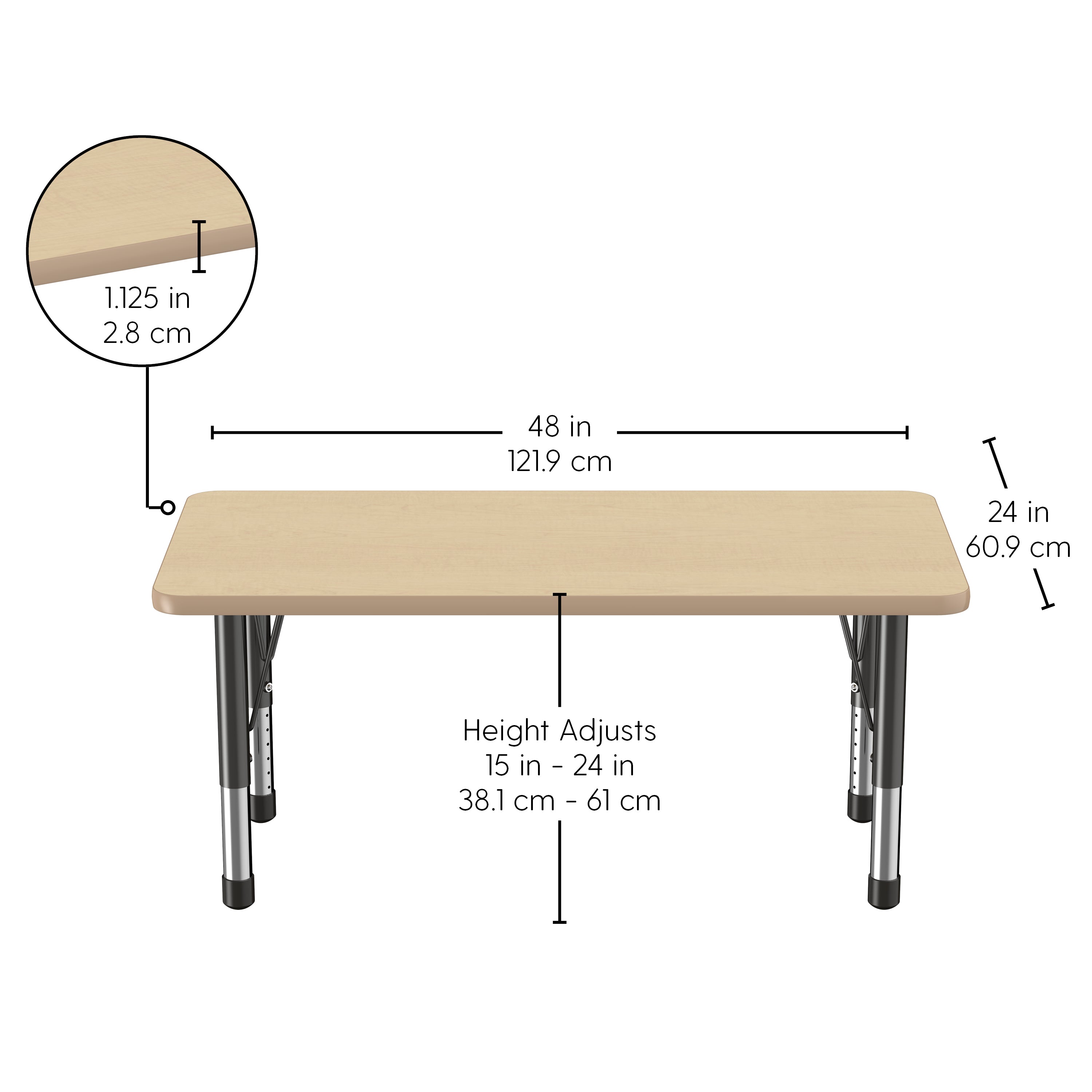 24" x 48" Rectangle T-Molding Activity Table with Adjustable Chunky Legs - Maple/Maple/Black