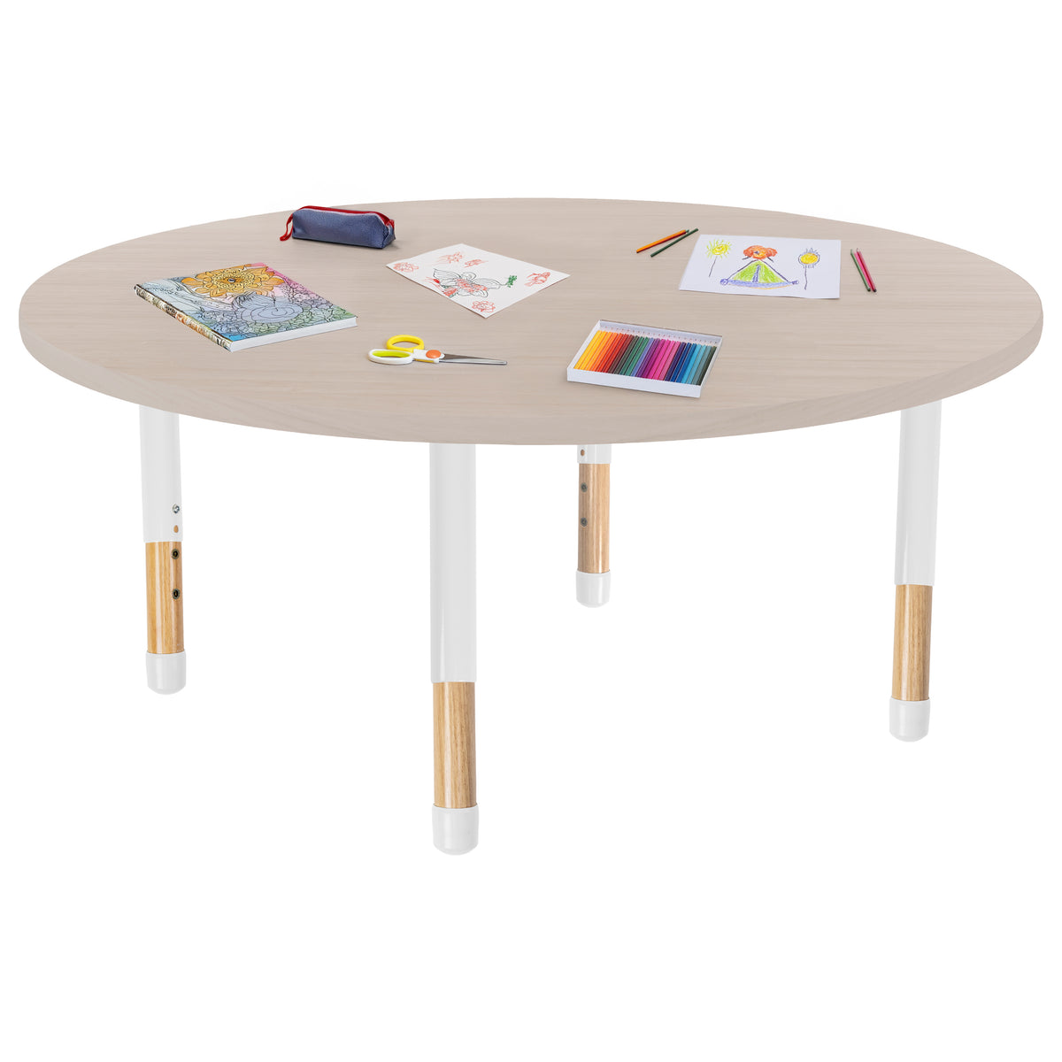 48" x 48" Round Thermofused Activity Table with Adjustable Chunky Wood Legs - Asian Sand/White/Natural