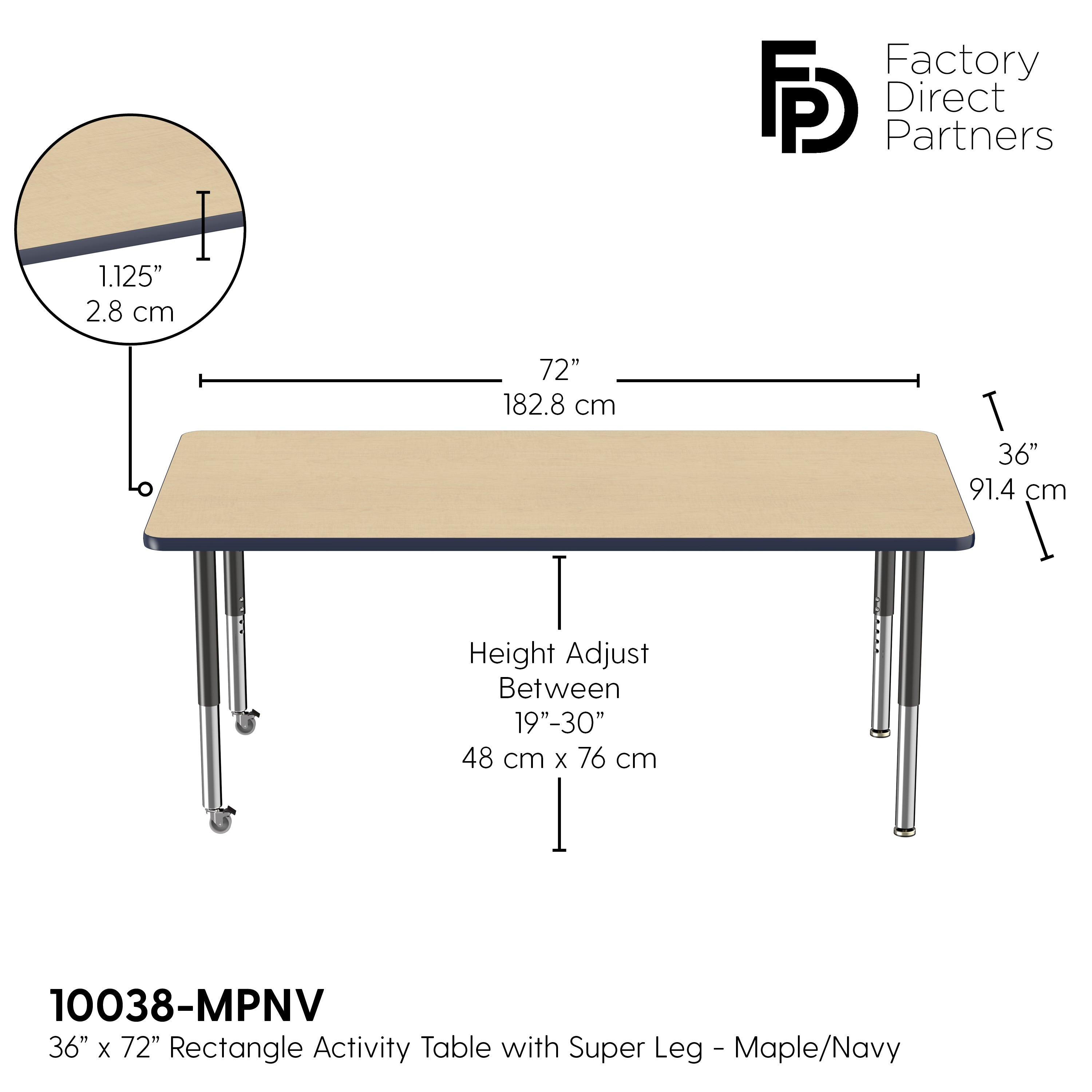 36" x 72" Rectangle T-Molding Activity Table with Adjustable Super Legs - Maple/Navy/Black