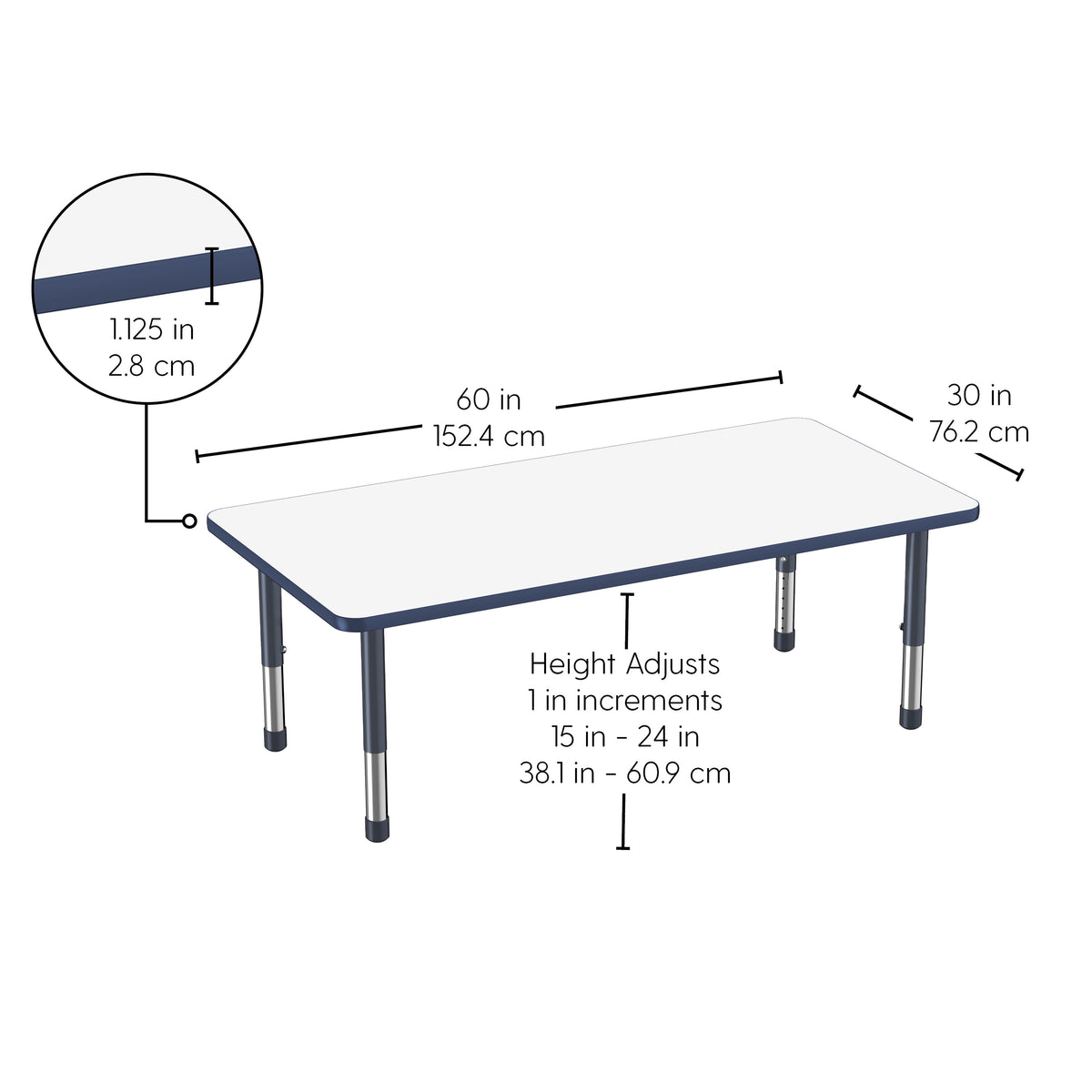 30" x 60" Rectangle Dry-Erase Activity Table with Adjustable Chunky Legs - Whiteboard/Navy