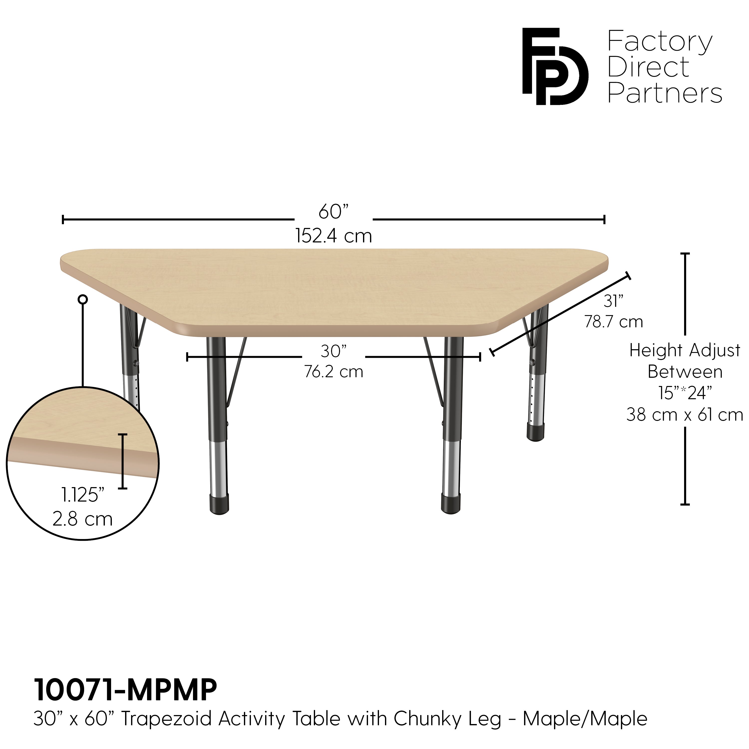 30" x 60" Trapezoid T-Molding Activity Table with Adjustable Chunky Legs - Maple/Maple/Black