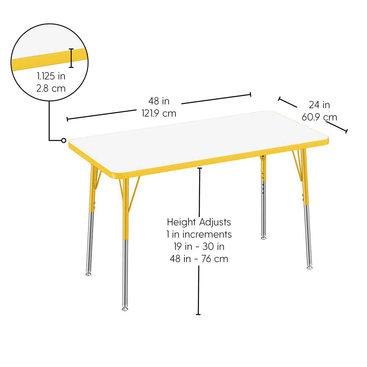 24" x 48" Rectangle Dry-Erase Activity Table with Adjustable Standard Swivel Glide Legs - Whiteboard/Yellow