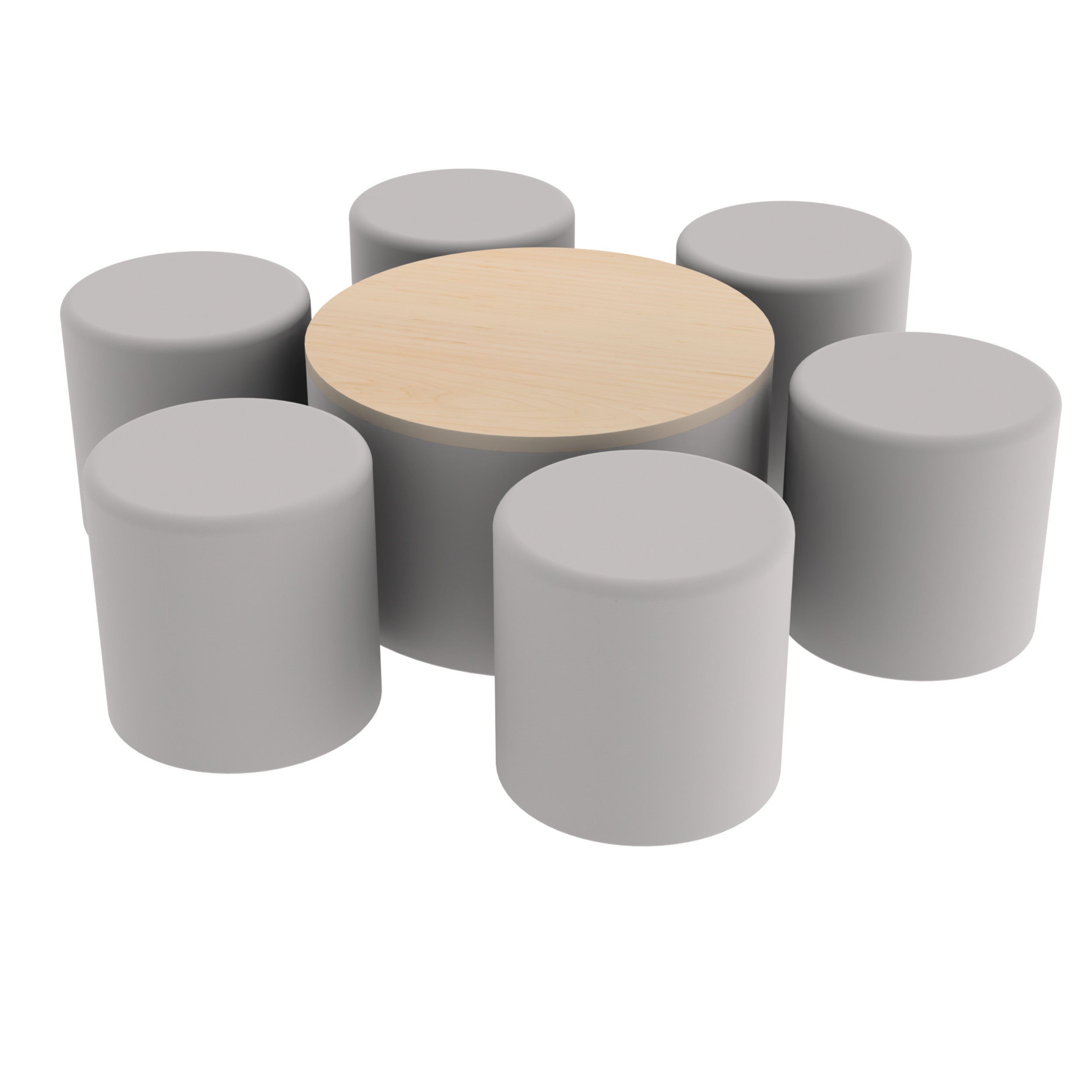 Pro Series 30" Round Ottoman Table with Round 18" H Seating, 7-Piece Set - Gray/Maple