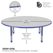 60" Round T-Molding Activity Table with Adjustable Chunky Legs - Gray/Blue