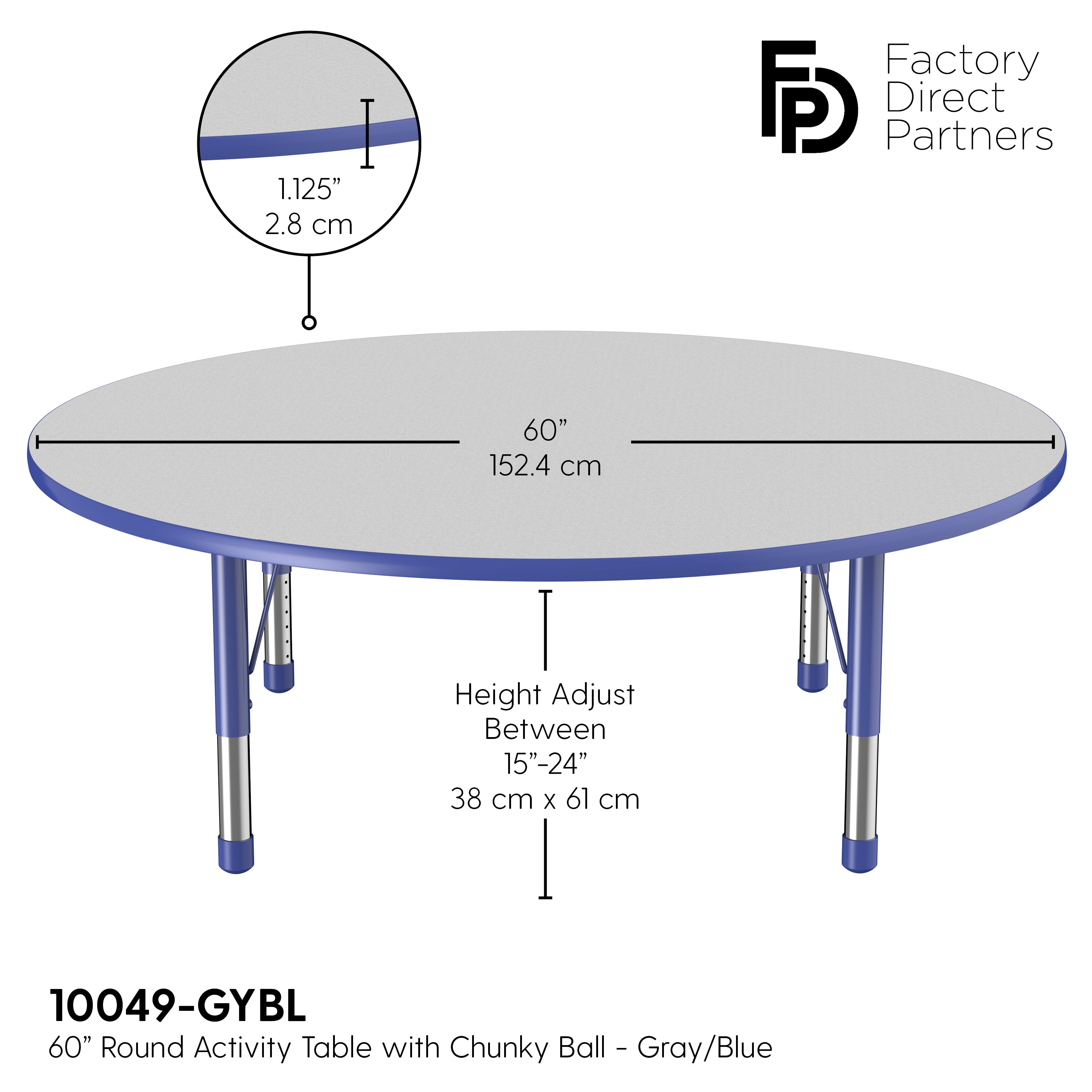 60" Round T-Molding Activity Table with Adjustable Chunky Legs - Gray/Blue