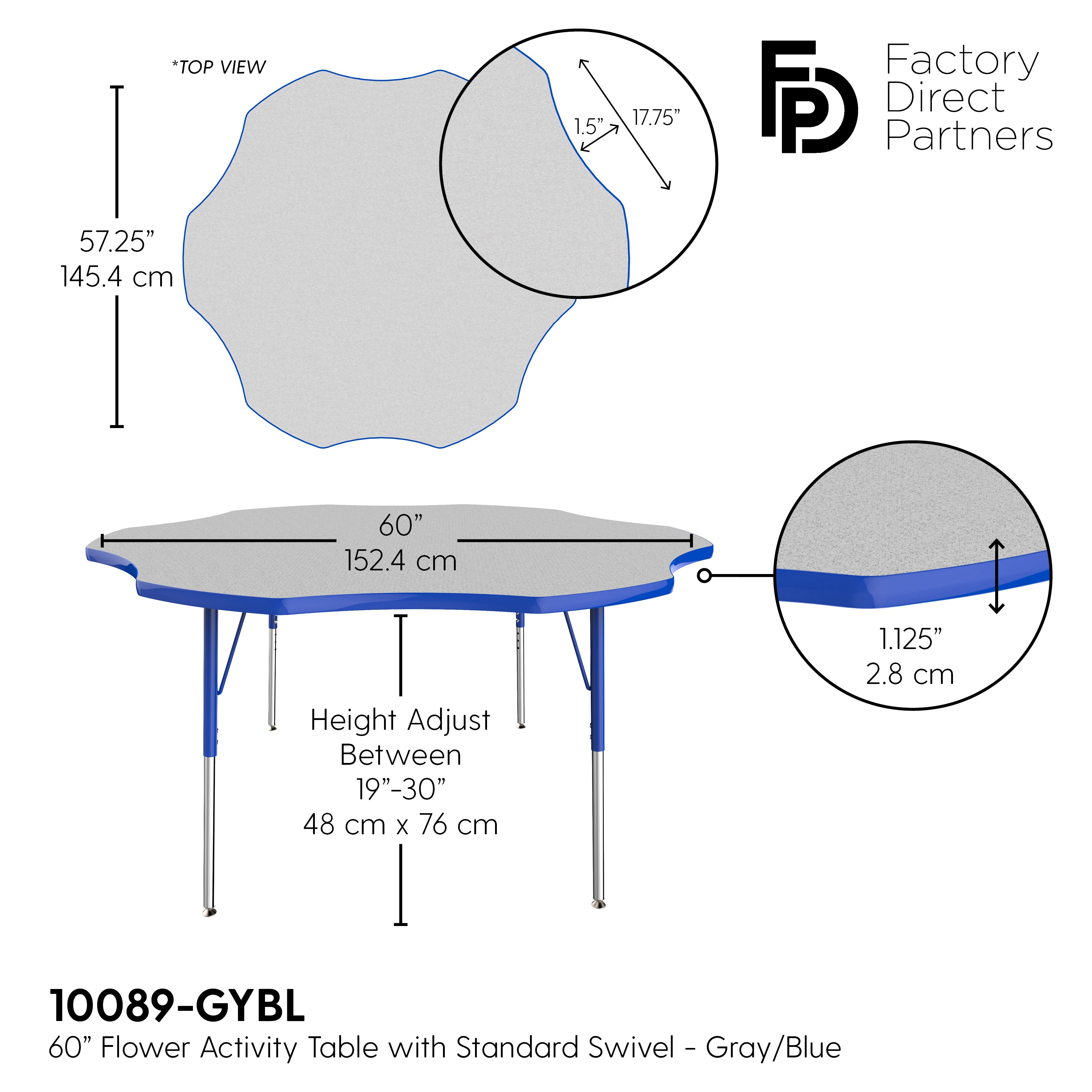 60" x 60" Flower T-Molding Activity Table with Adjustable Standard Swivel Glide Legs - Gray/Blue