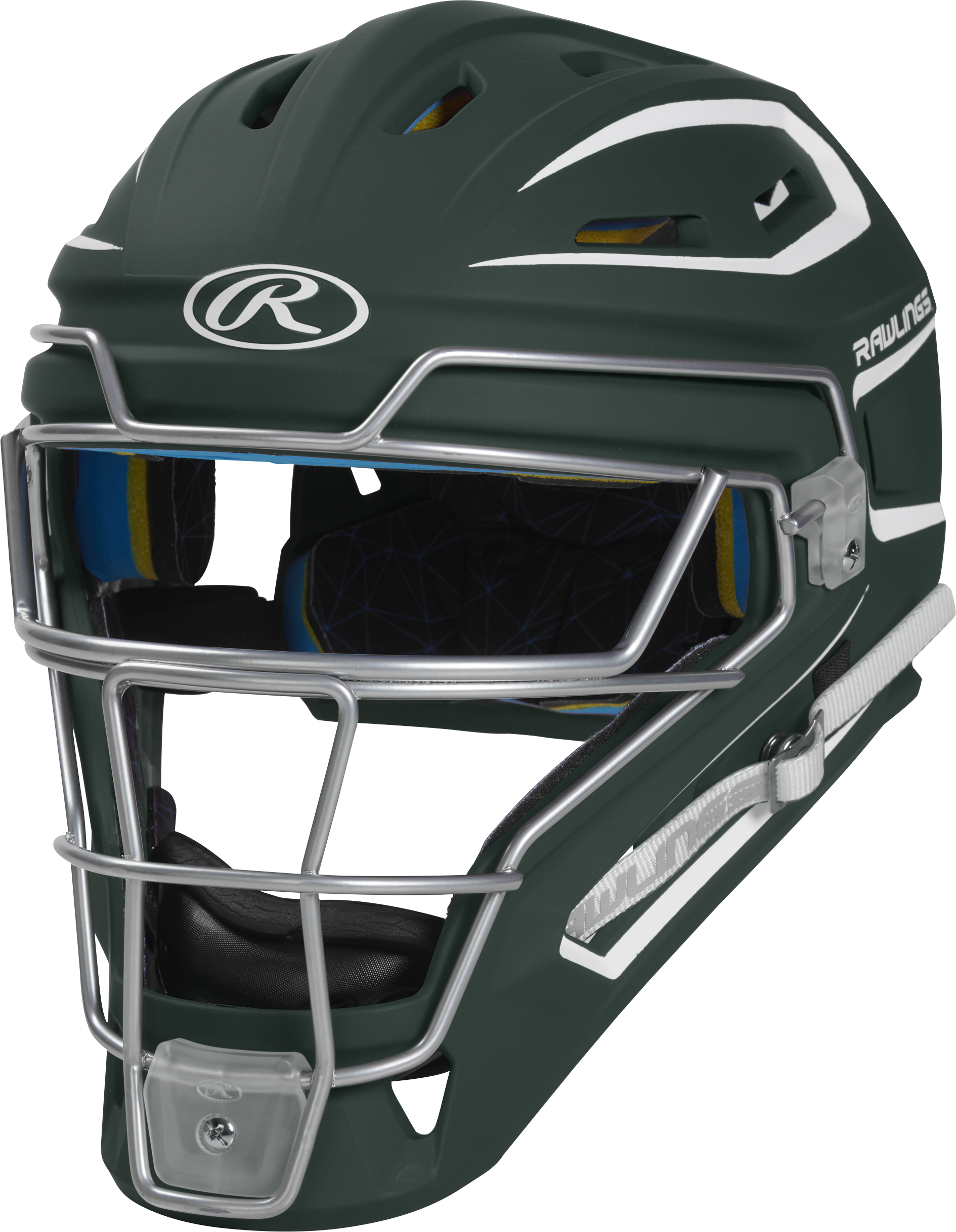 Rawlings Mach Matte 2-Tone Hockey Style Senior Catchers Helmet - Dark Green/White