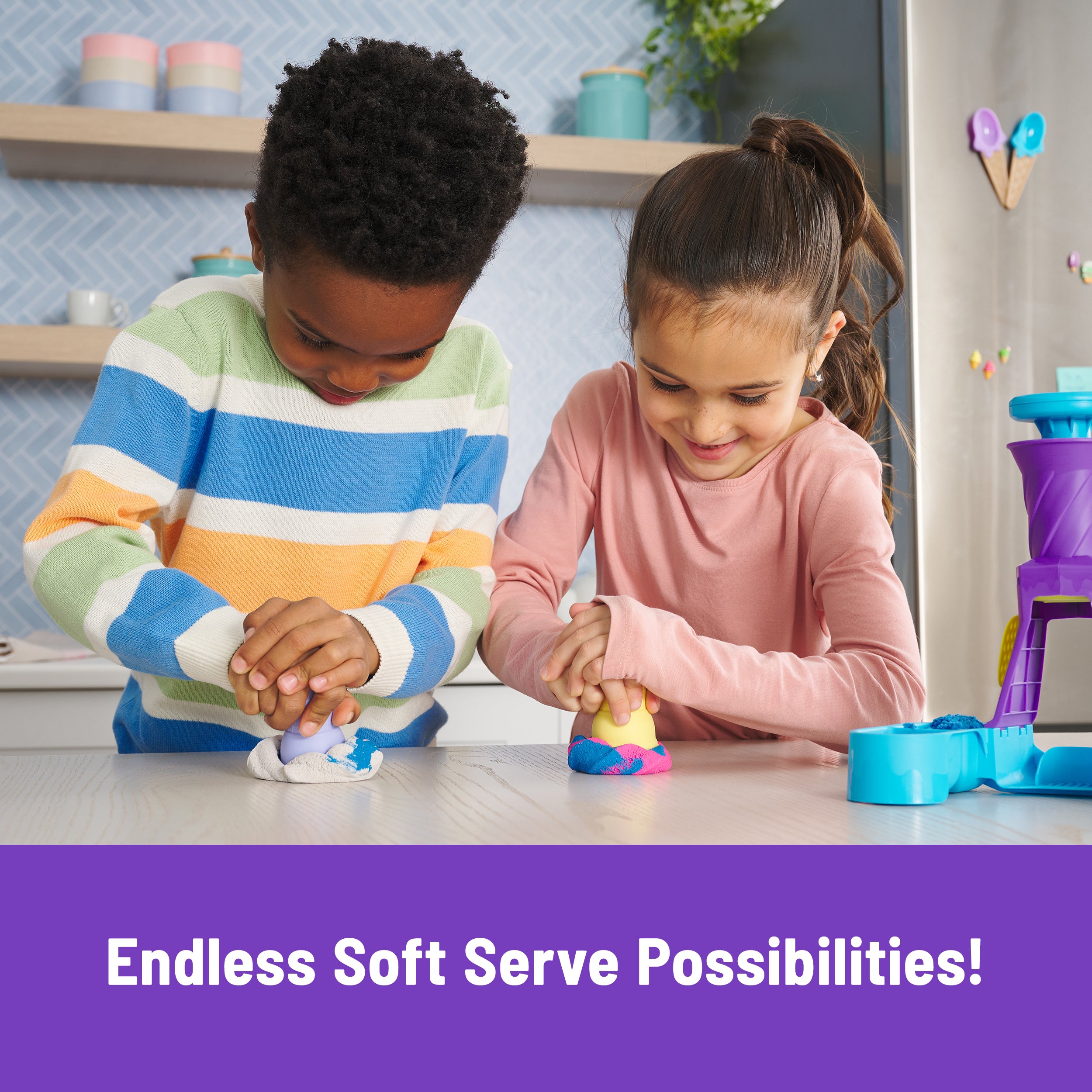 Kinetic Sand, Soft Serve Station with 14oz Play Sand Blue, Pink & White, 2 Ice Cream Cones & 2 Tools, Sensory Toys for Kids Ages 5 and up