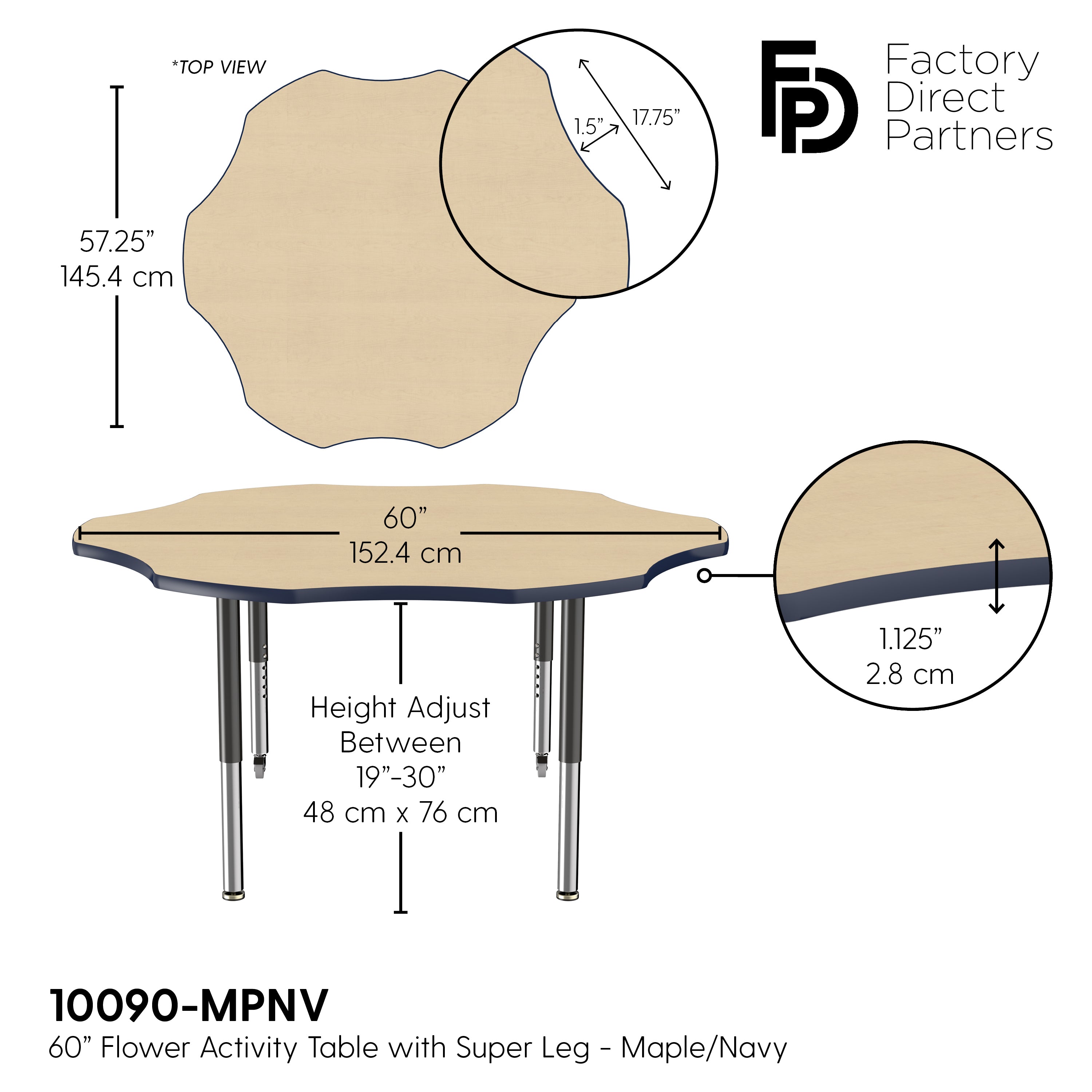 60" x 60" Flower T-Molding Activity Table with Adjustable Super Legs - Maple/Navy/Black