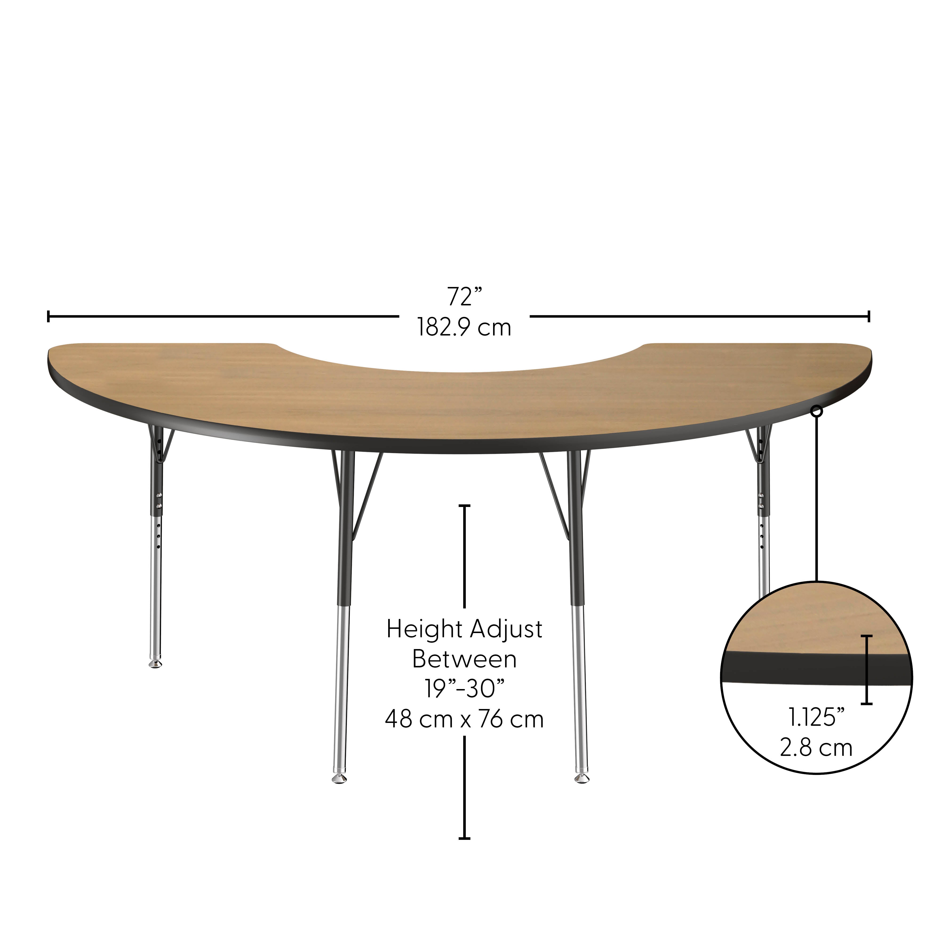 36" x 72" Half Moon T-Molding Activity Table with Adjustable Standard Swivel Glide Legs - Pasadena Oak/Black