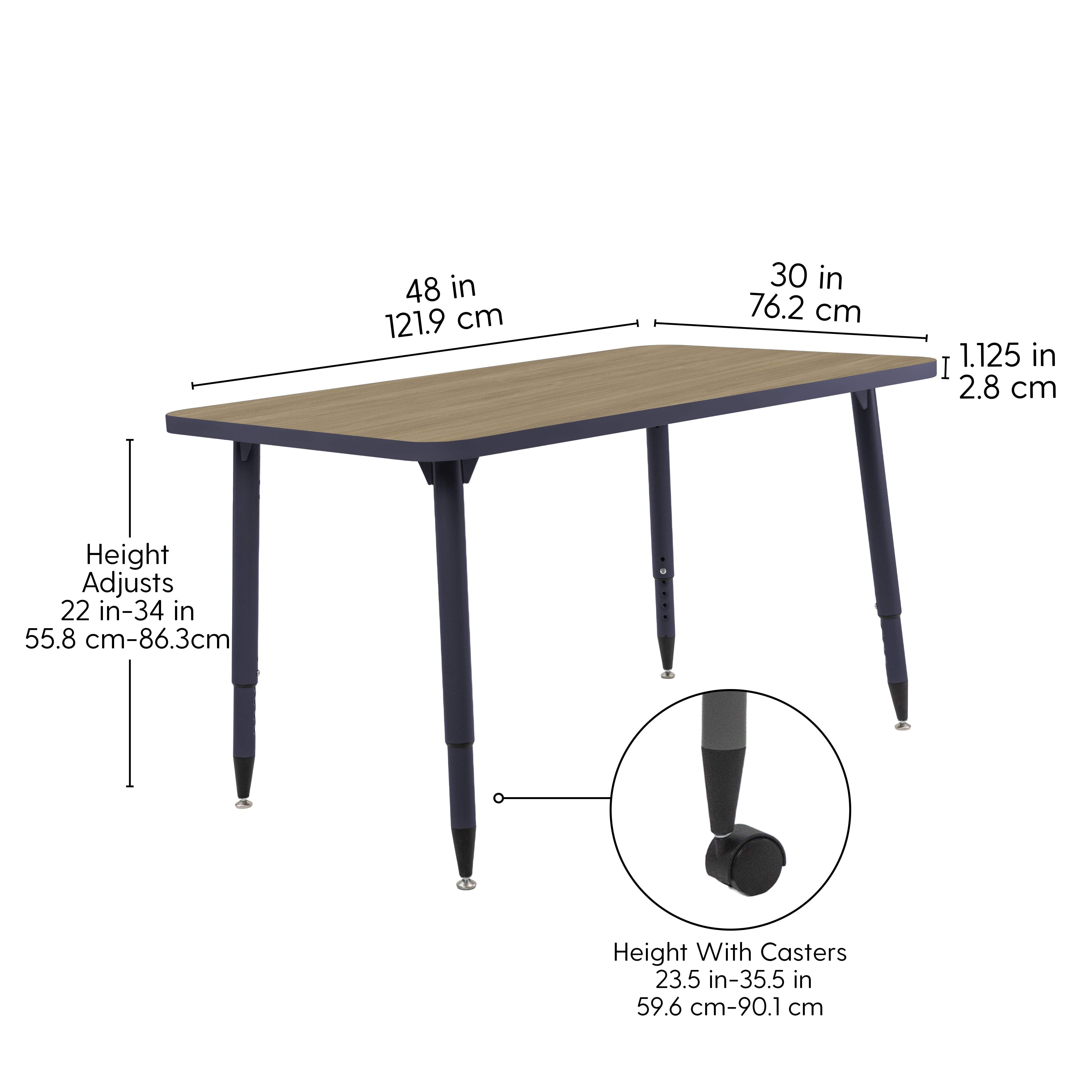 Adapte 30" x 48" Rectangle Thermofused Activity Table with Adjustable Tapered Legs - Pasadena Oak/Navy