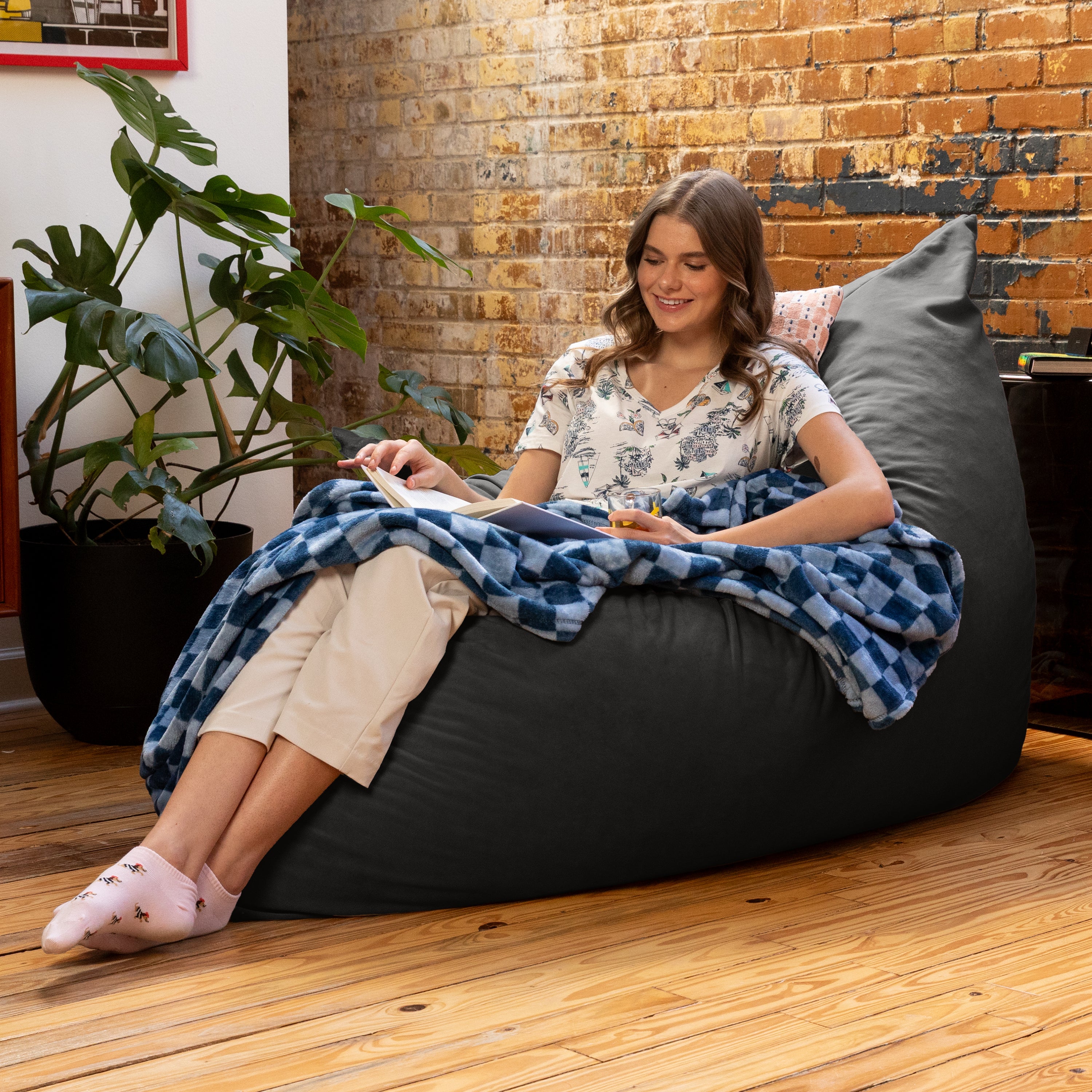 Jaxx Pillow Saxx 5.5-Foot Décor Bean Bag Giant Floor Pillow Lounge, Lush Velvet Black