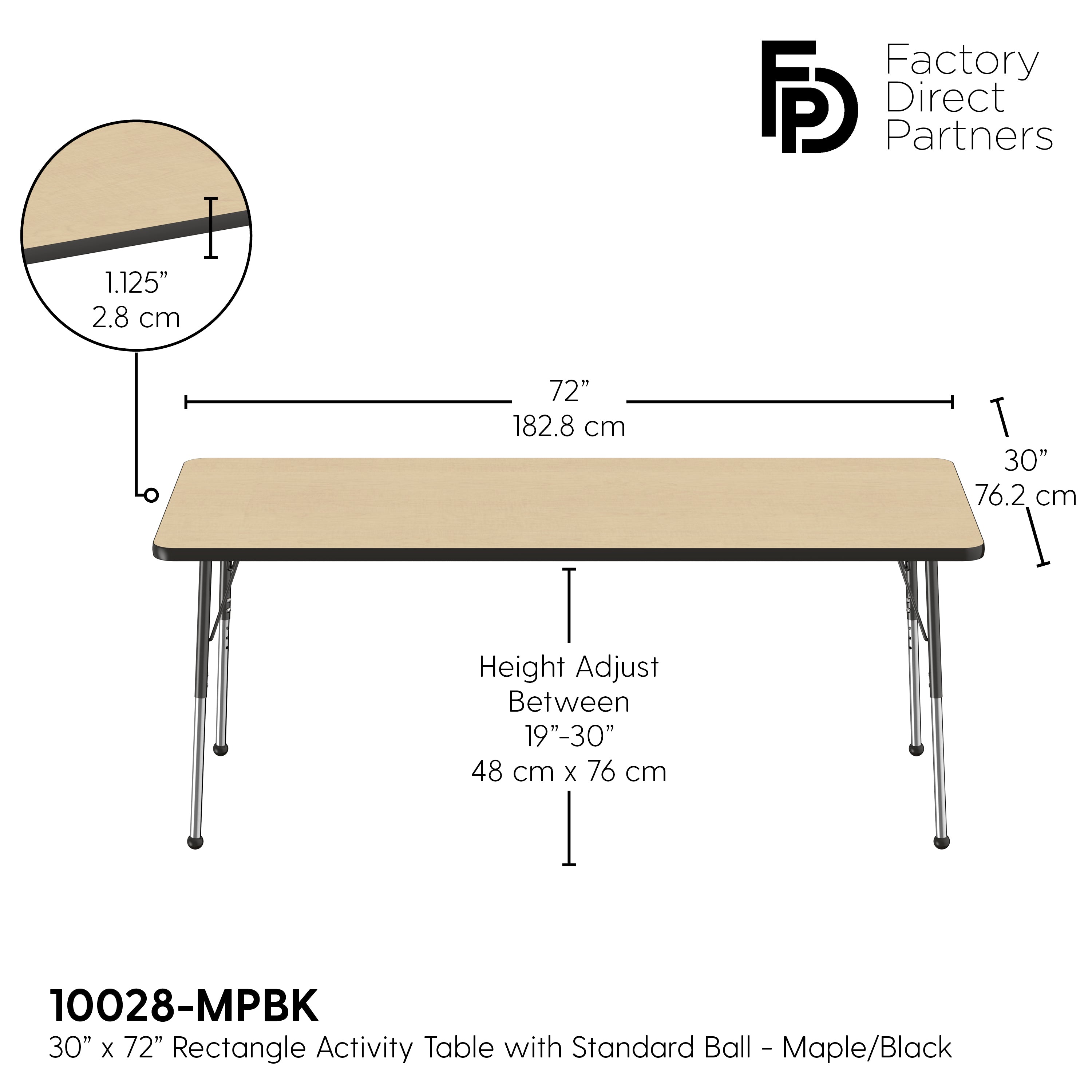 30" x 72" Rectangle T-Molding Activity Table with Adjustable Standard Ball Glide Legs - Maple/Black